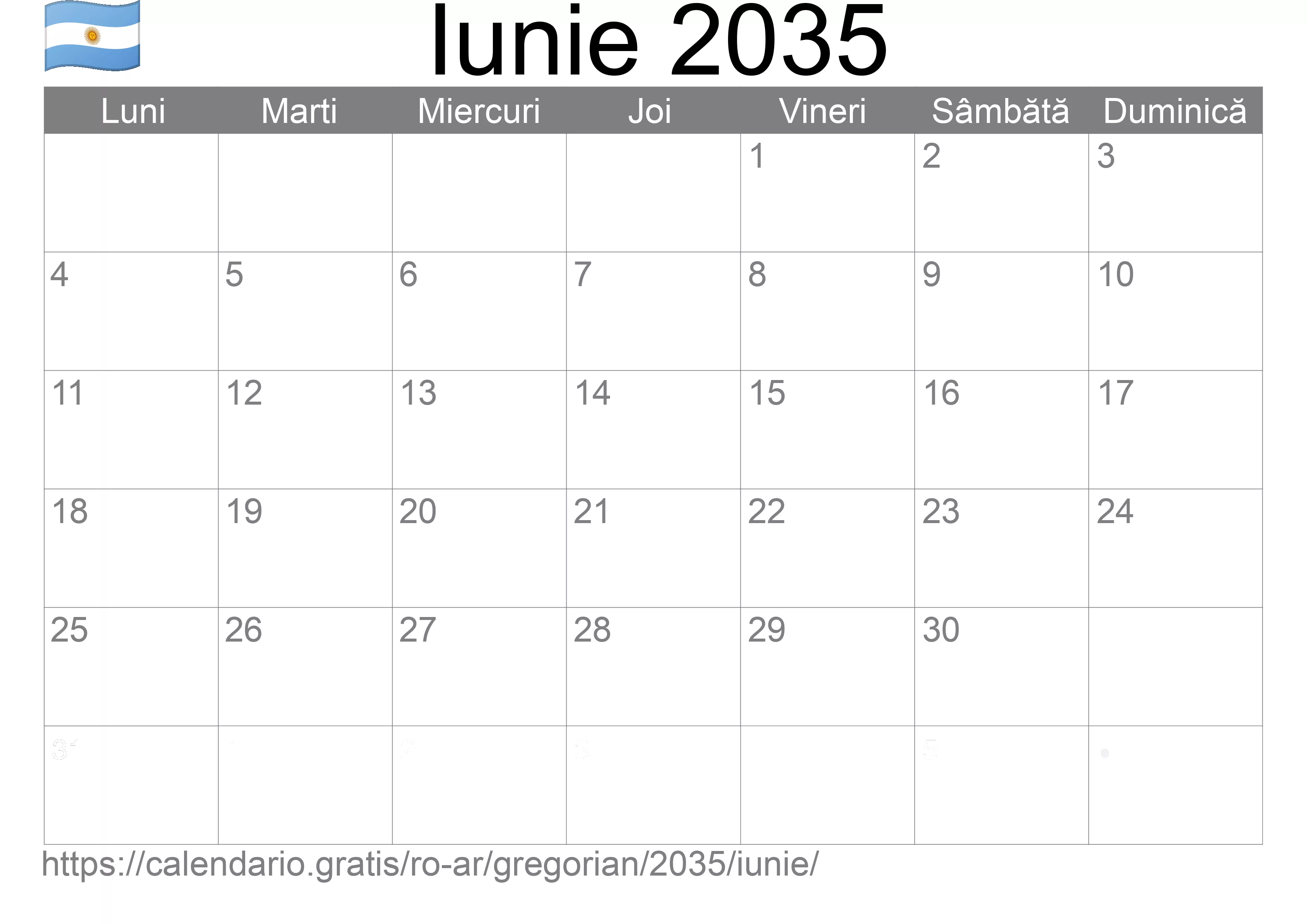 Calendar Iunie 2035 pentru imprimare (Argentina)