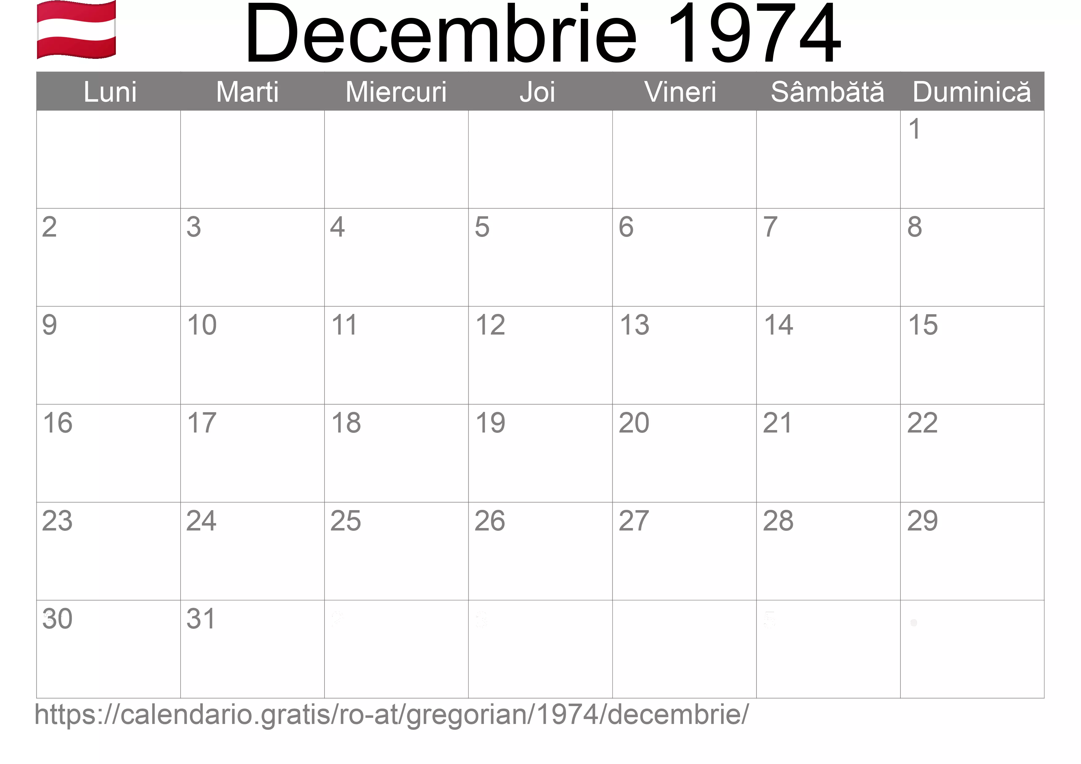 Calendar Decembrie 1974 pentru imprimare (Austria)