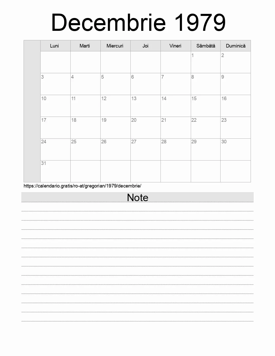 Calendar pentru Decembrie 1979 de imprimat cu note. (Austria)