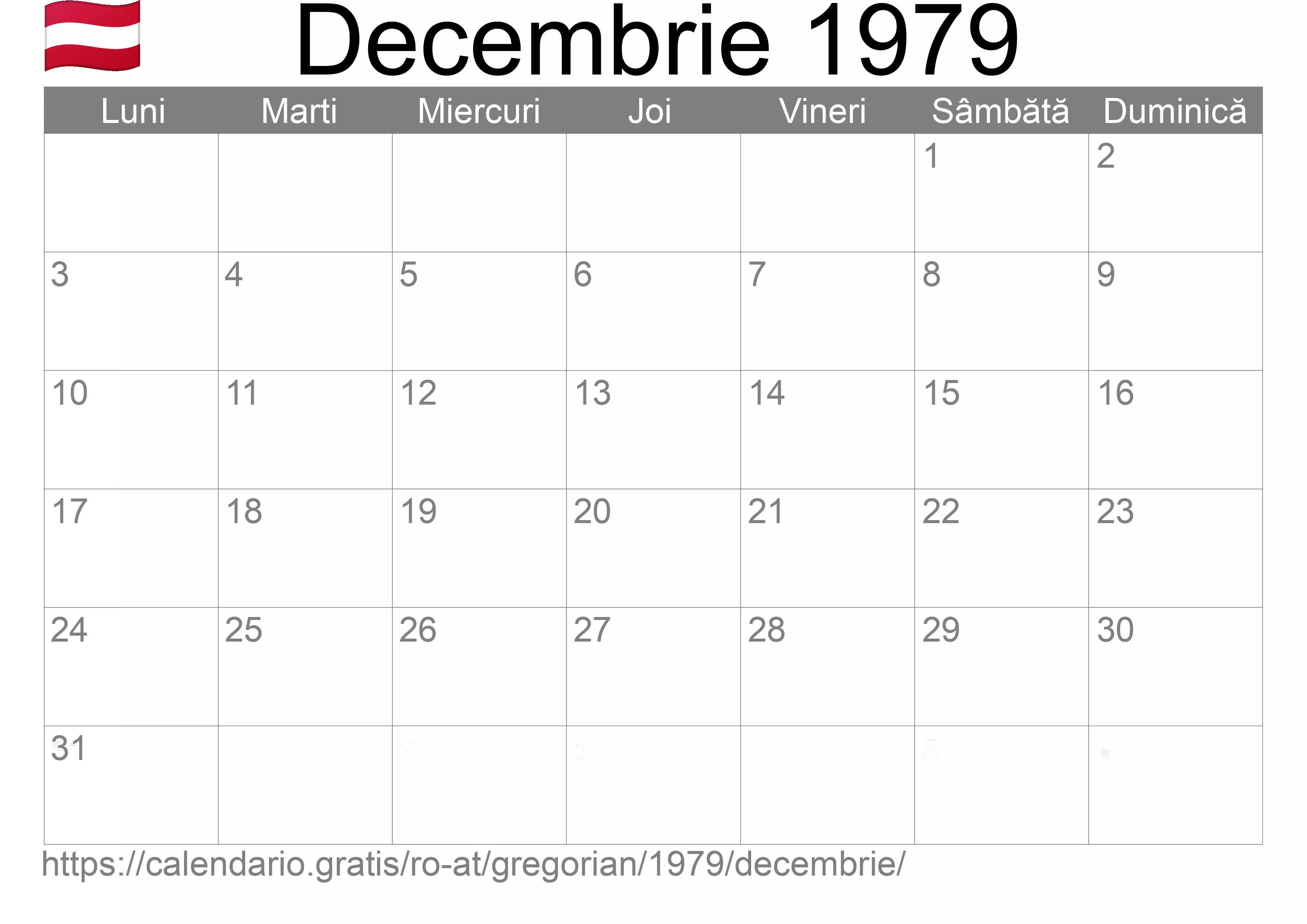 Calendar Decembrie 1979 pentru imprimare (Austria)