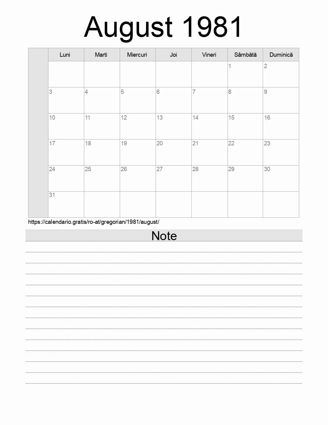 Calendar pentru August 1981 de imprimat cu note. (Austria) Calendar pentru August 1981 de imprimat cu note. (Austria)