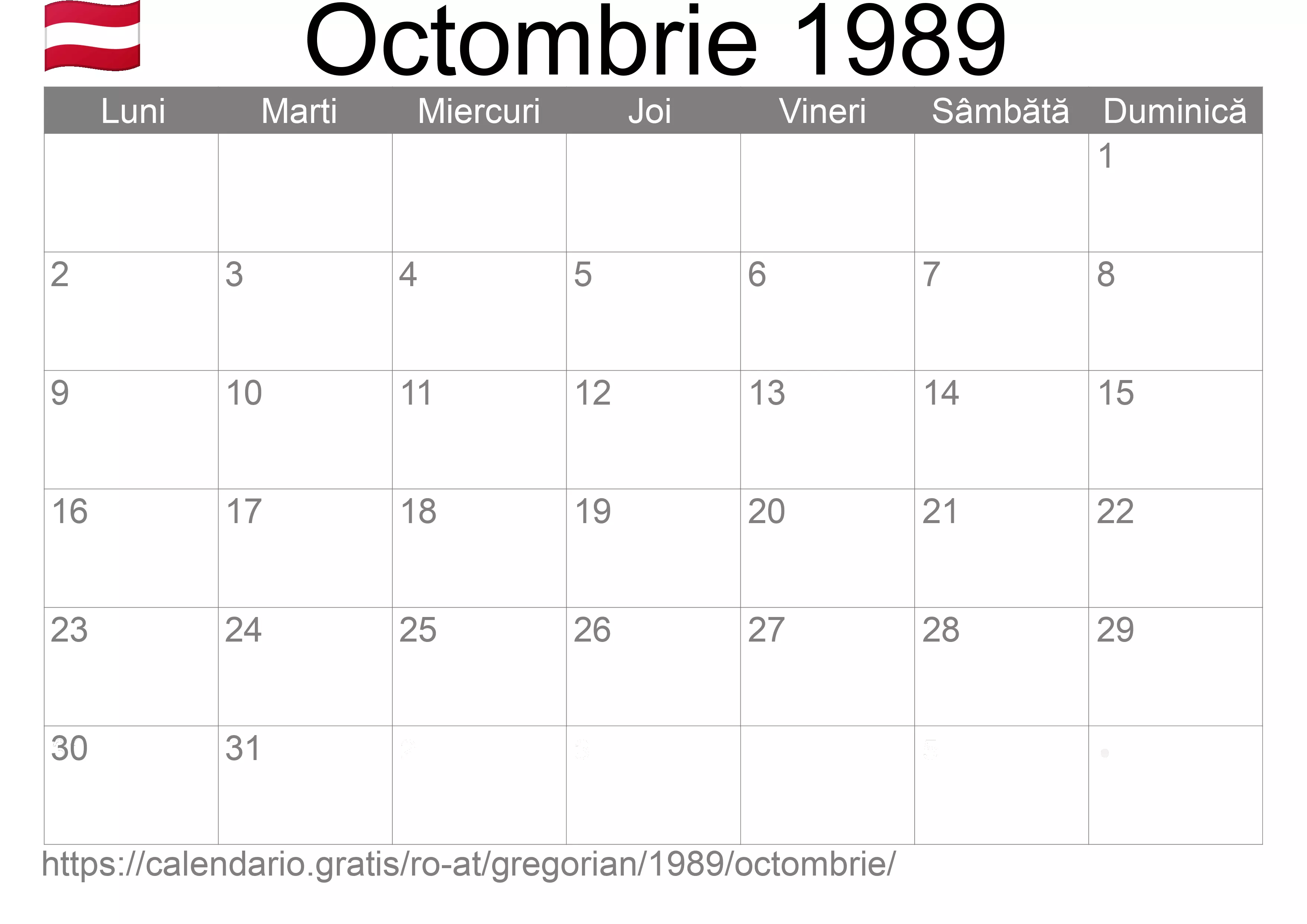 Calendar Octombrie 1989 pentru imprimare (Austria) Calendar Octombrie 1989 pentru imprimare (Austria)
