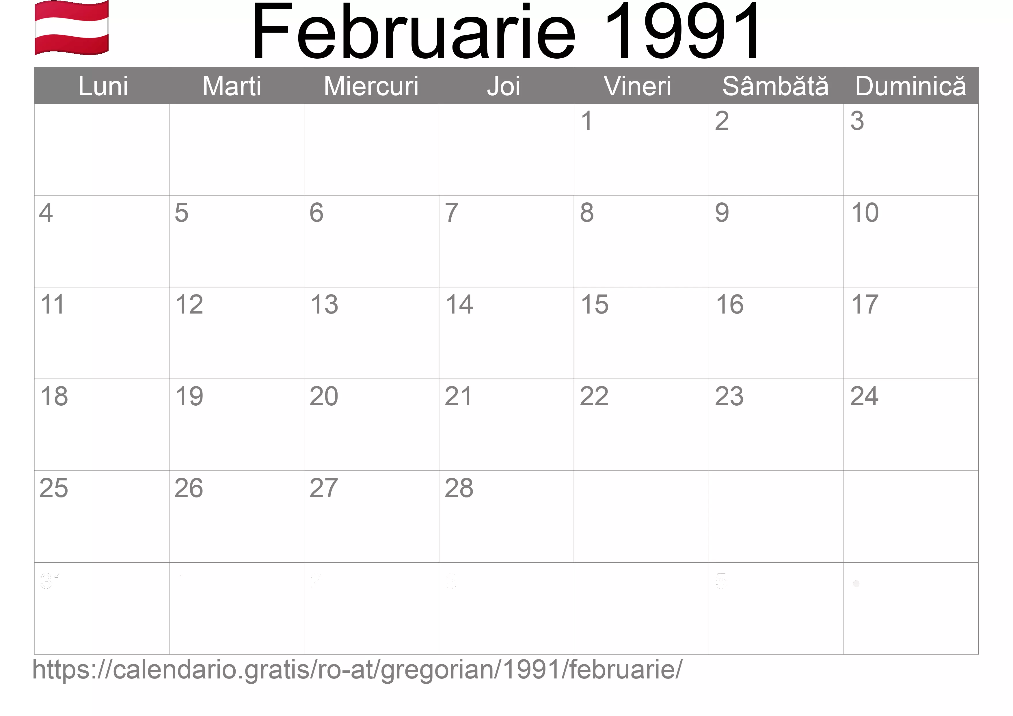 Calendar Februarie 1991 pentru imprimare (Austria) Calendar Februarie 1991 pentru imprimare (Austria)