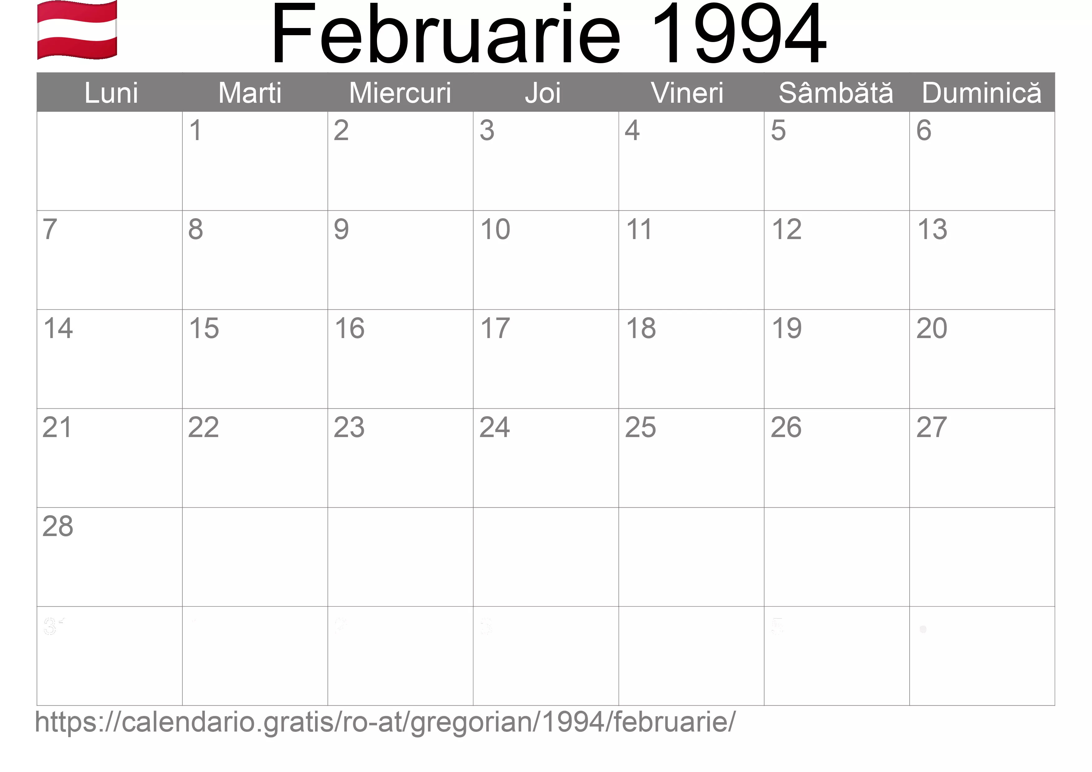 Calendar Februarie 1994 pentru imprimare (Austria) Calendar Februarie 1994 pentru imprimare (Austria)