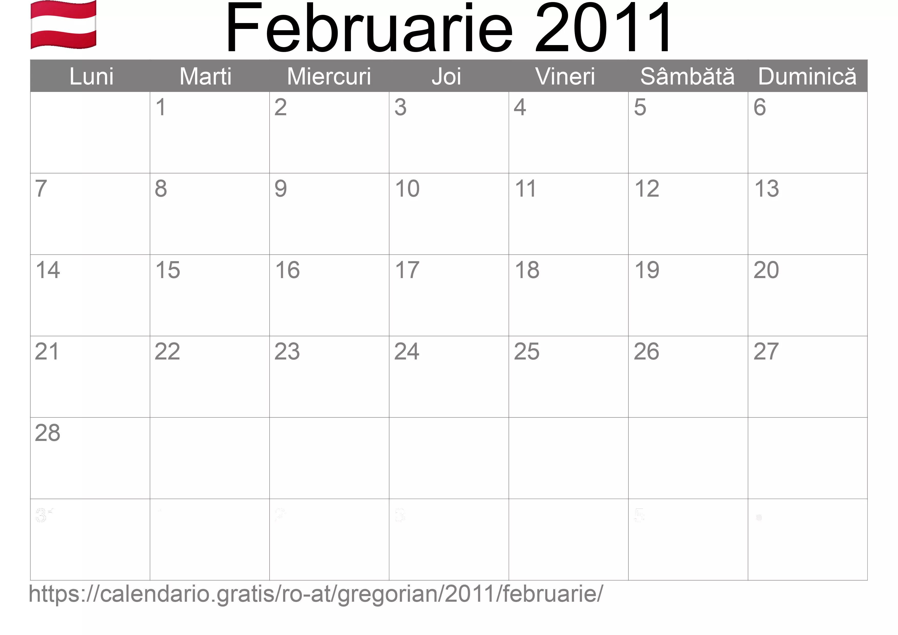 Calendar Februarie 2011 pentru imprimare (Austria) Calendar Februarie 2011 pentru imprimare (Austria)