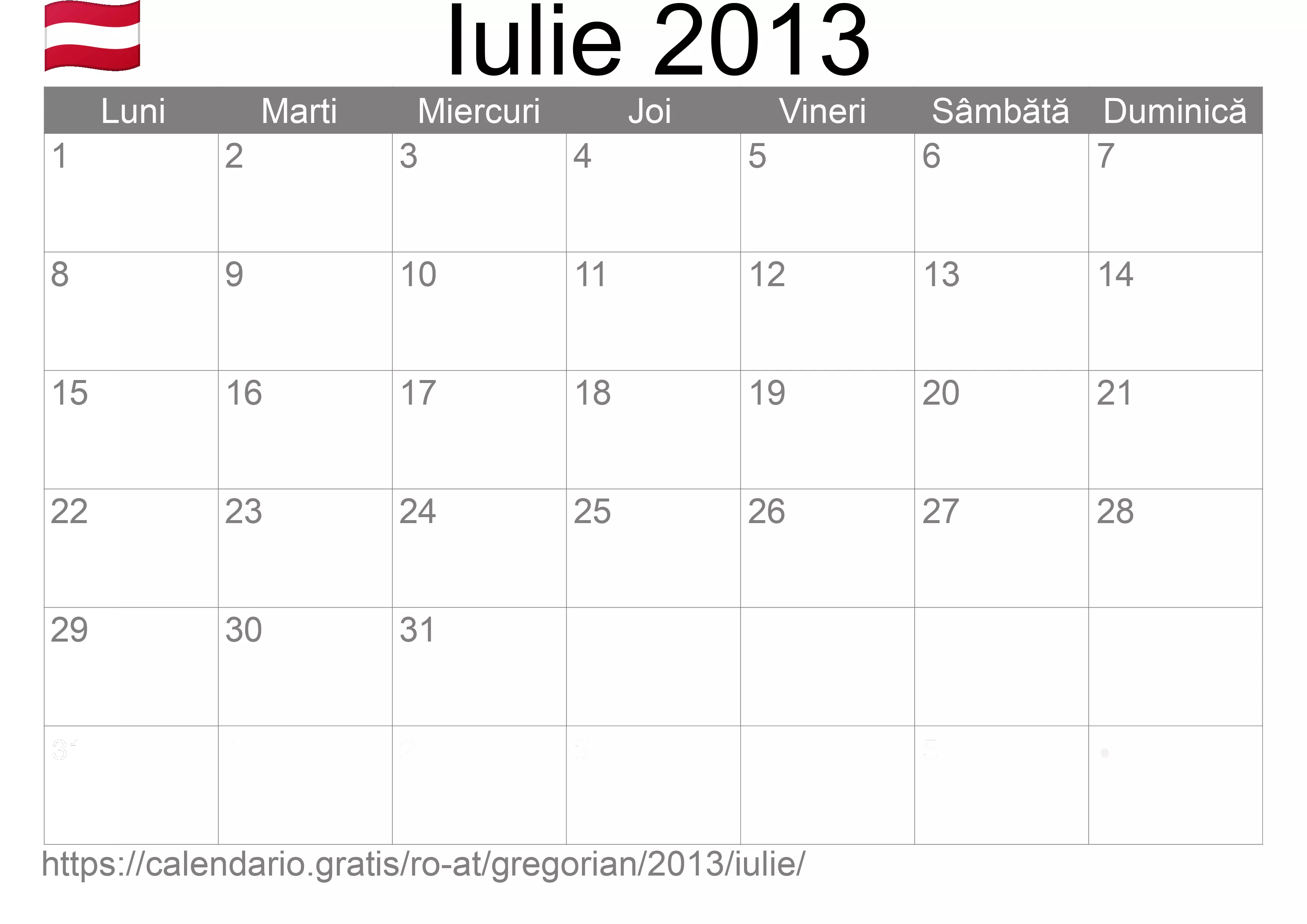 Calendar Iulie 2013 pentru imprimare (Austria)