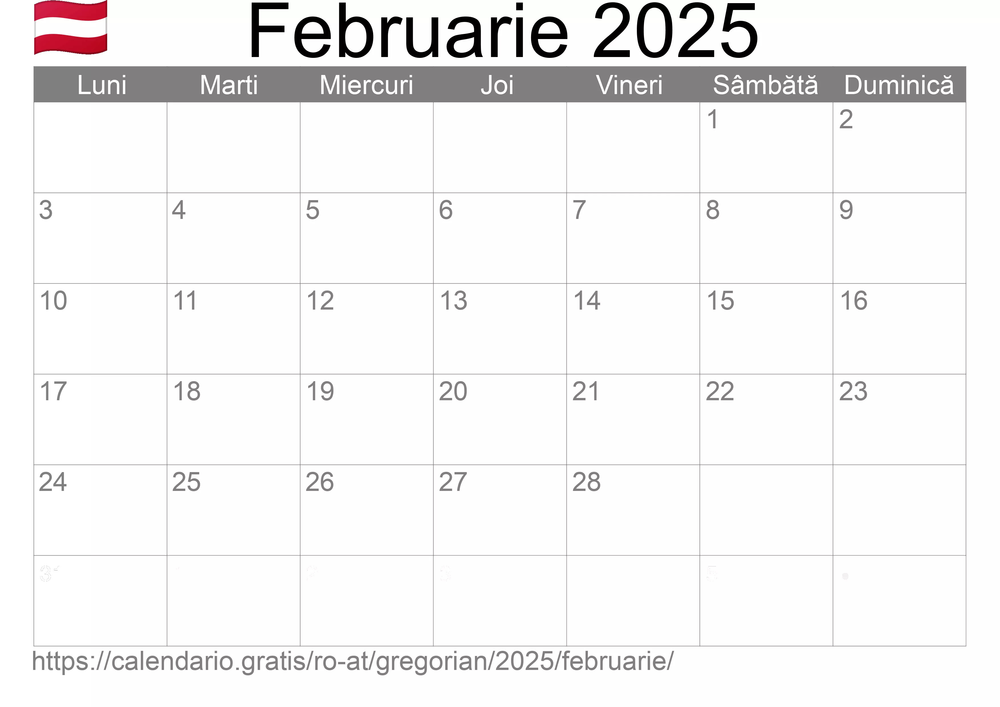 Calendar Februarie 2025 pentru imprimare (Austria)