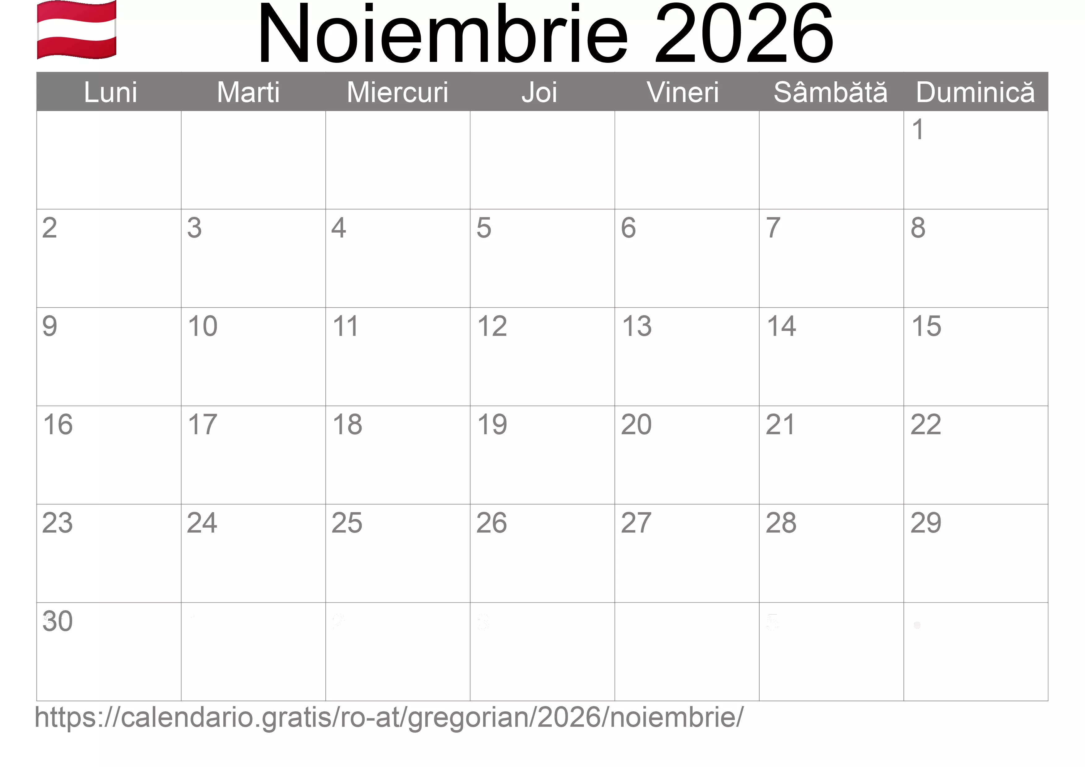 Calendar Noiembrie 2026 pentru imprimare (Austria)