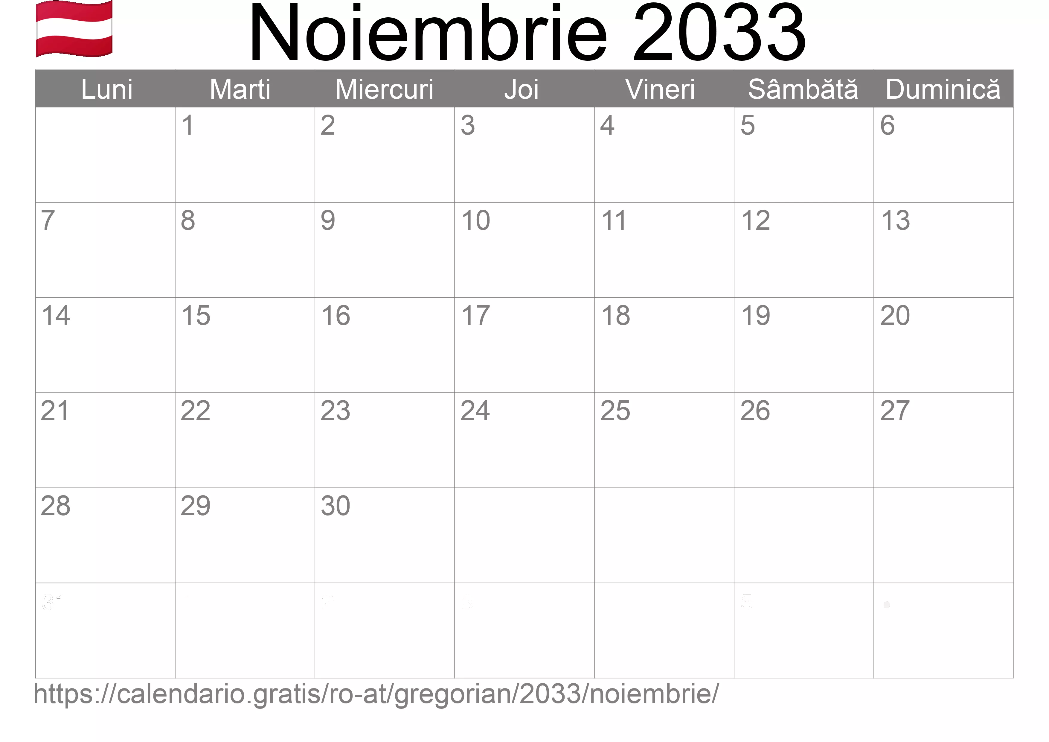 Calendar Noiembrie 2033 pentru imprimare (Austria)