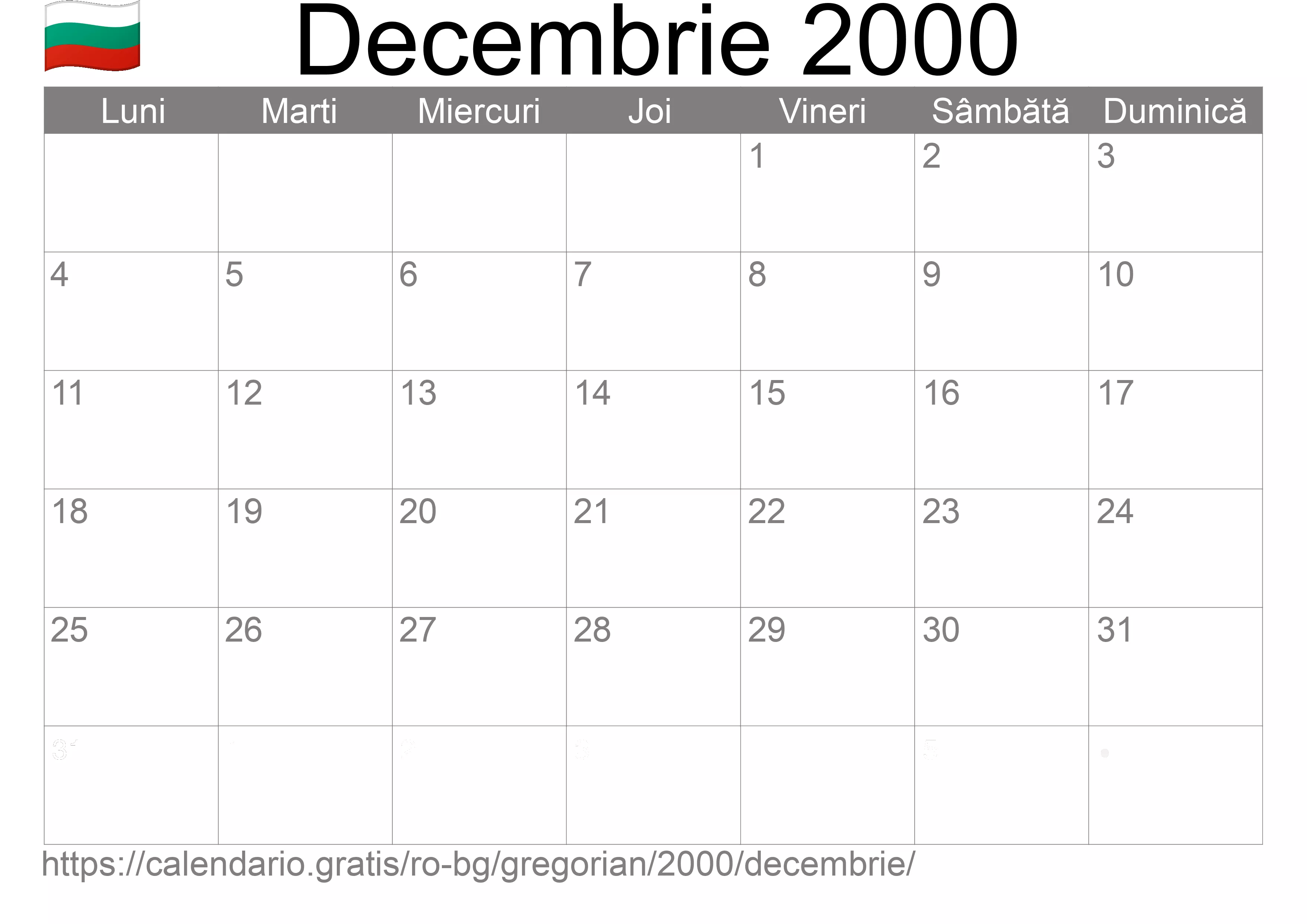 Calendar Decembrie 2000 pentru imprimare (Bulgaria)