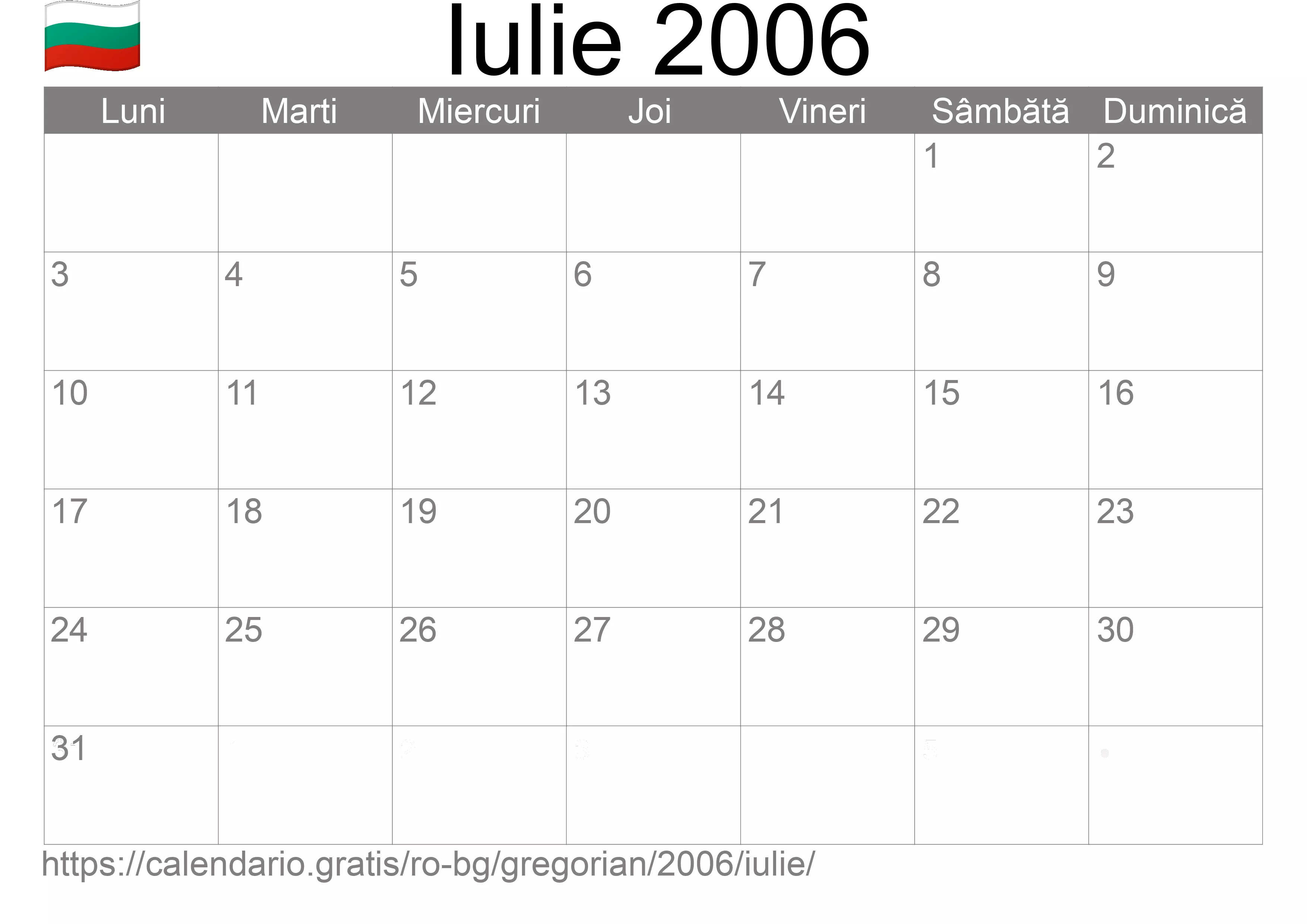 Calendar Iulie 2006 pentru imprimare (Bulgaria)