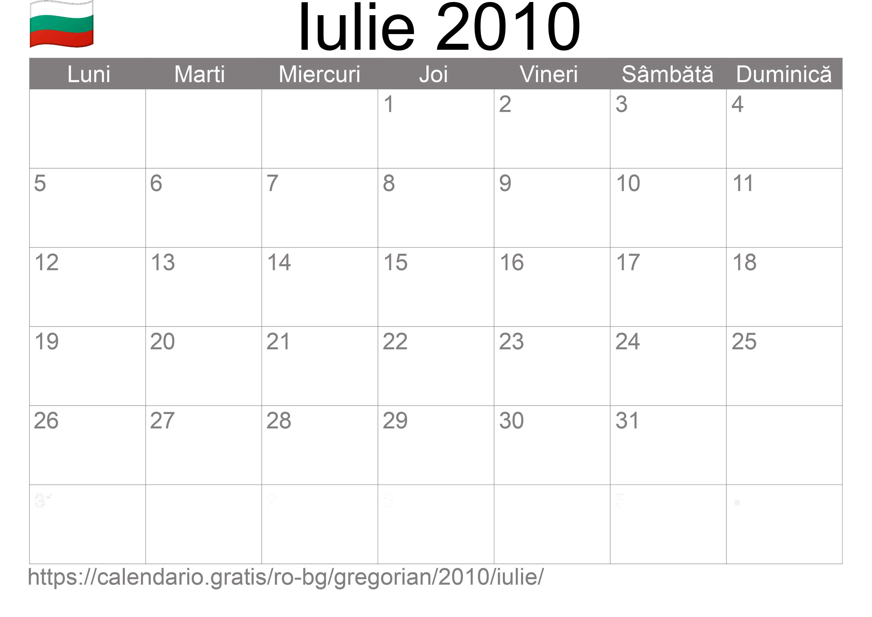 Calendar Iulie 2010 pentru imprimare (Bulgaria)