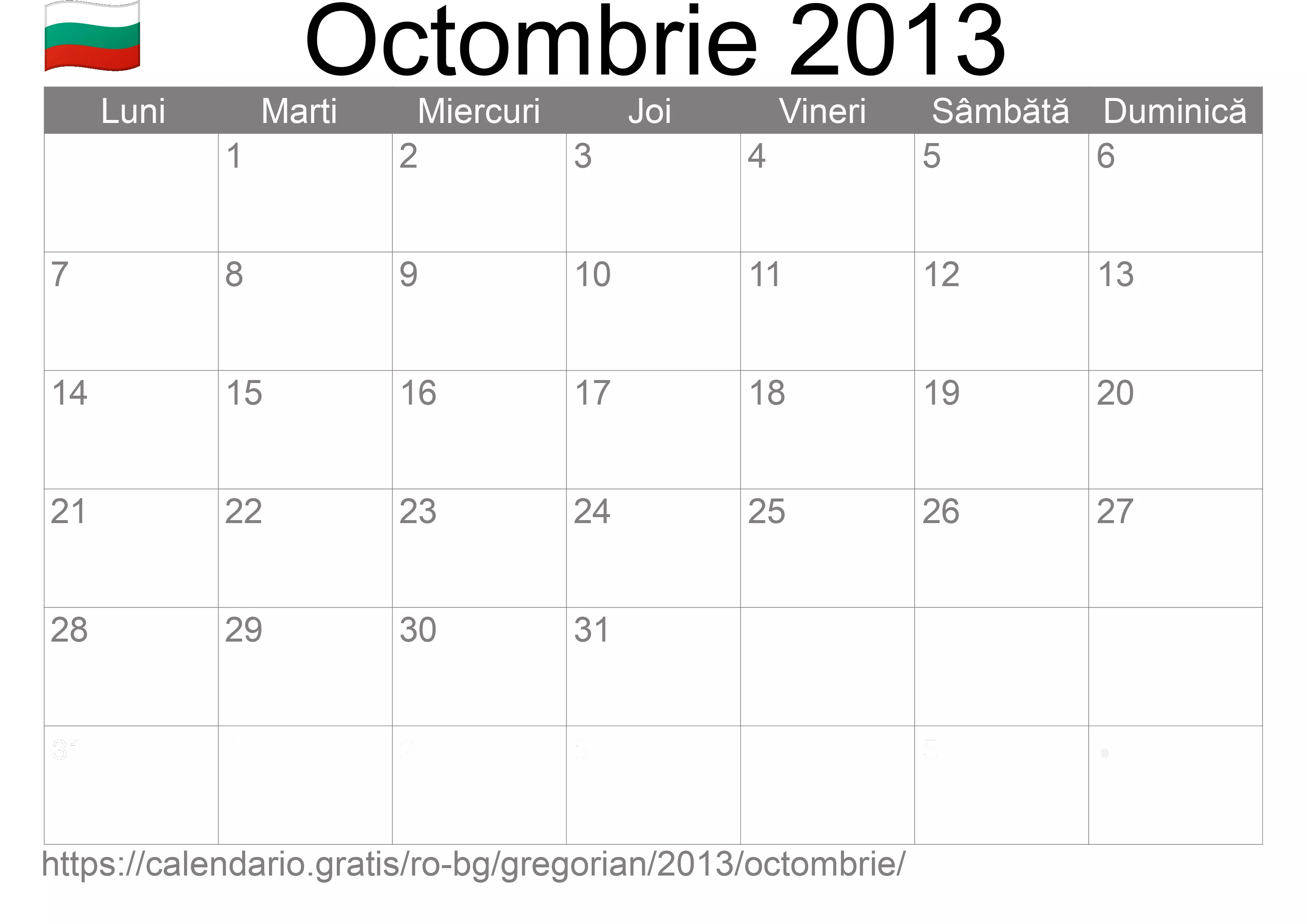 Calendar Octombrie 2013 pentru imprimare (Bulgaria)
