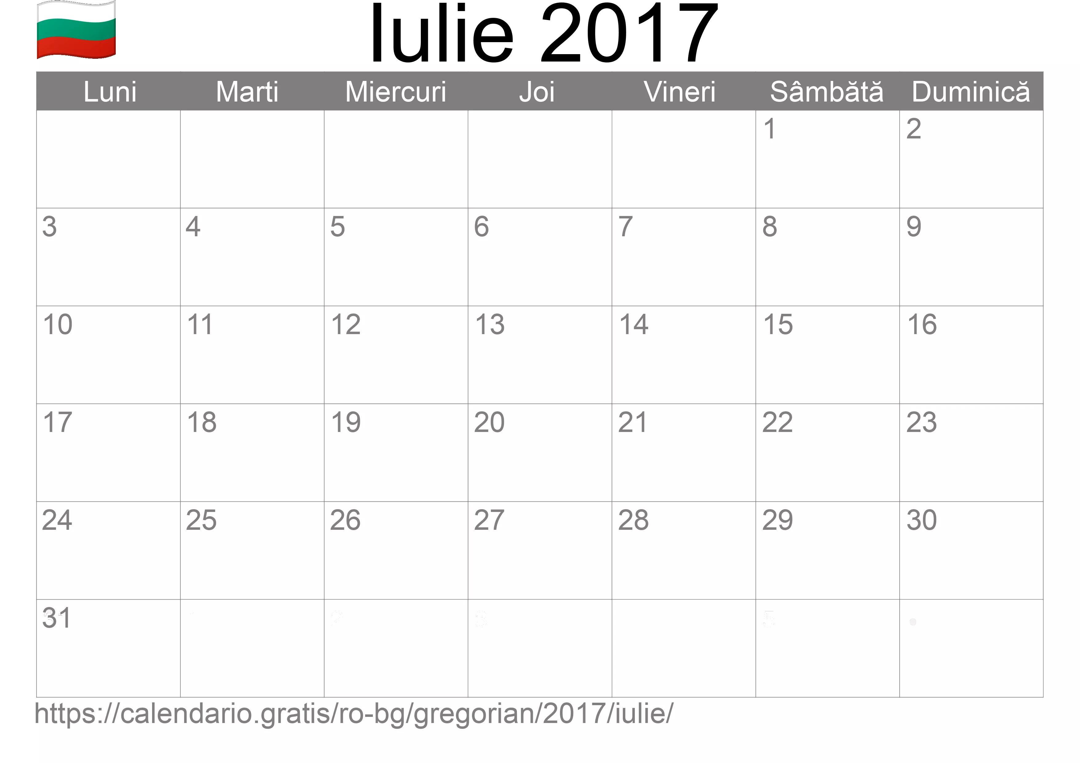 Calendar Iulie 2017 pentru imprimare (Bulgaria)