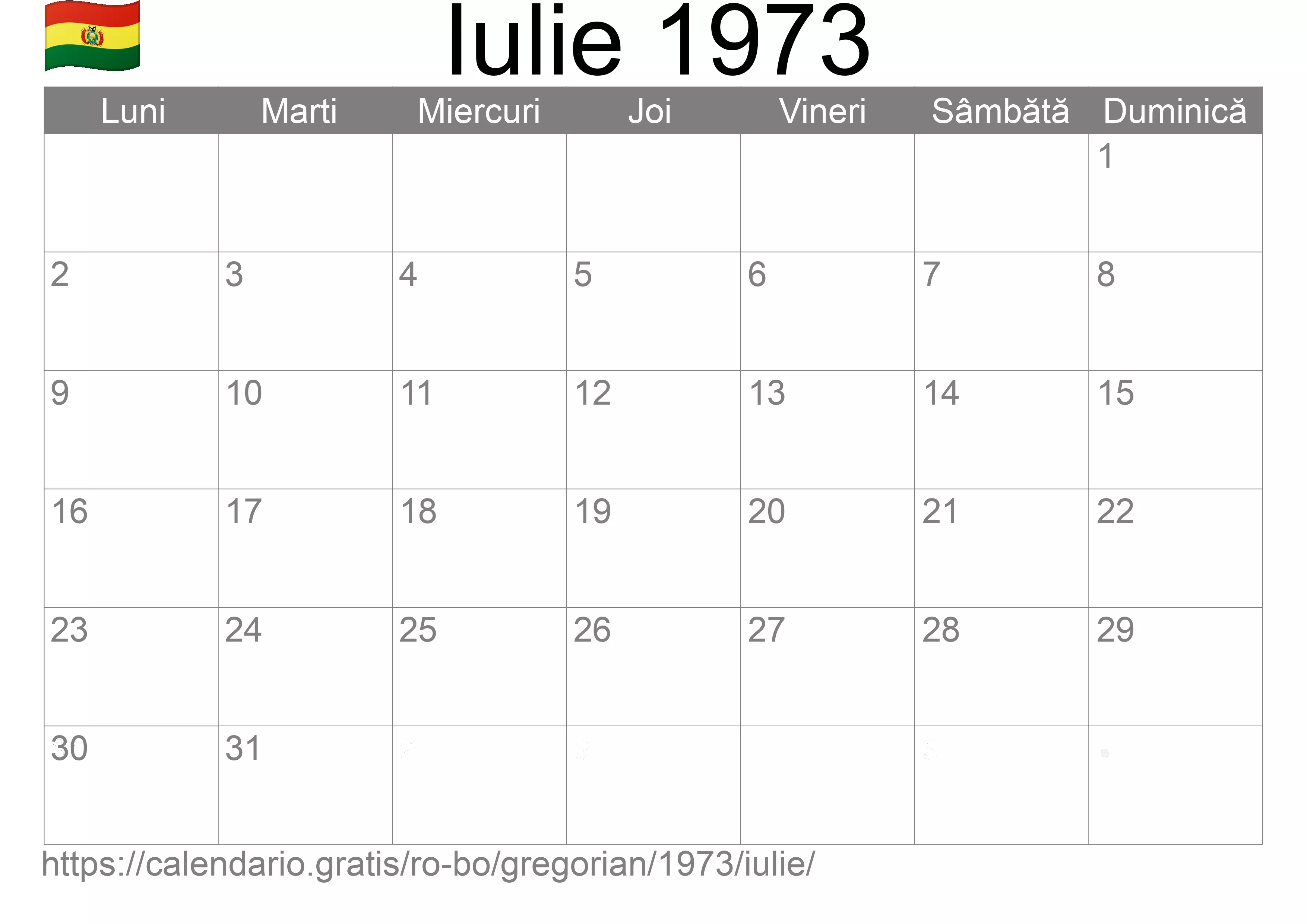 Calendar Iulie 1973 pentru imprimare (Bolivia)