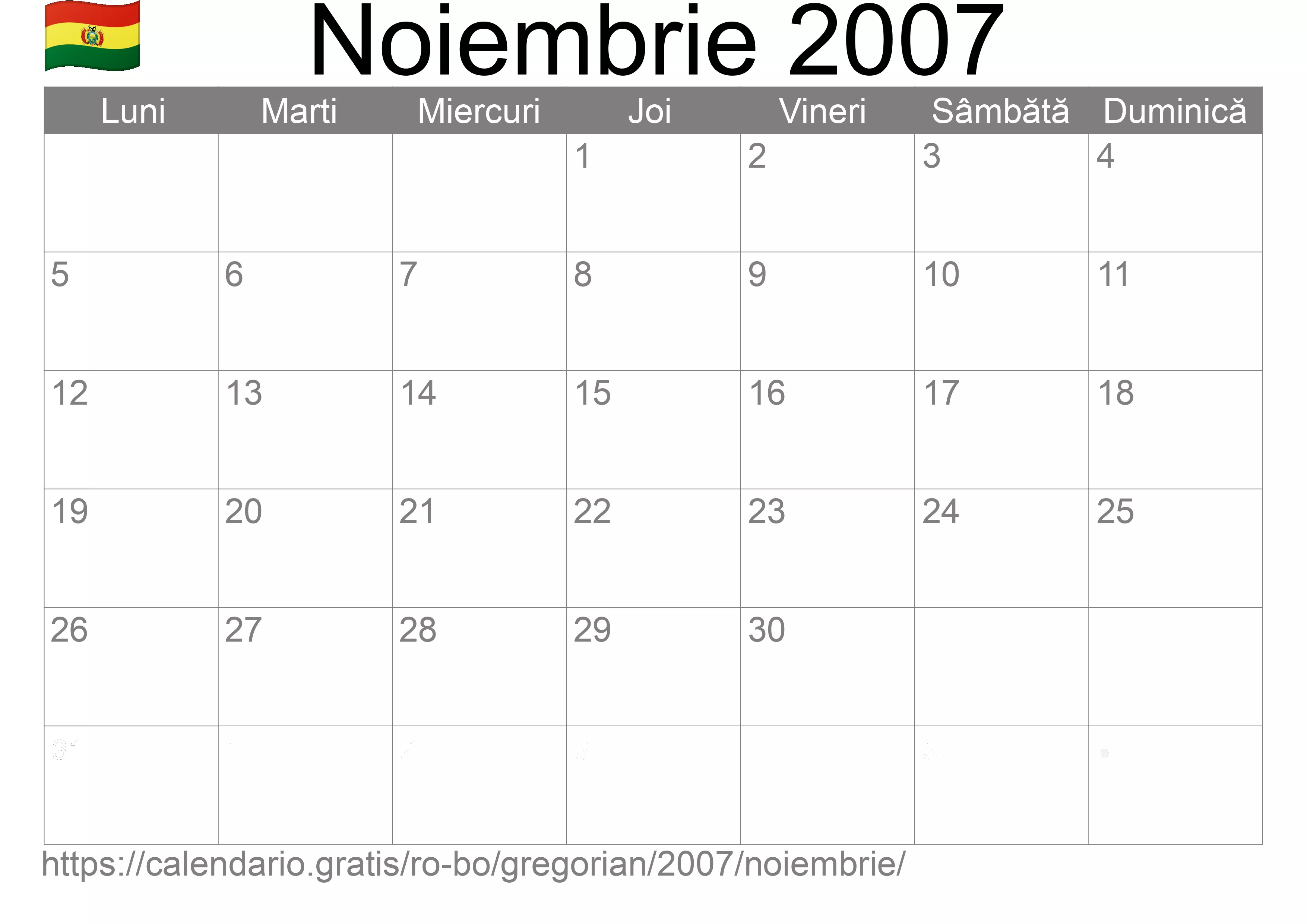 Calendar Noiembrie 2007 pentru imprimare (Bolivia)