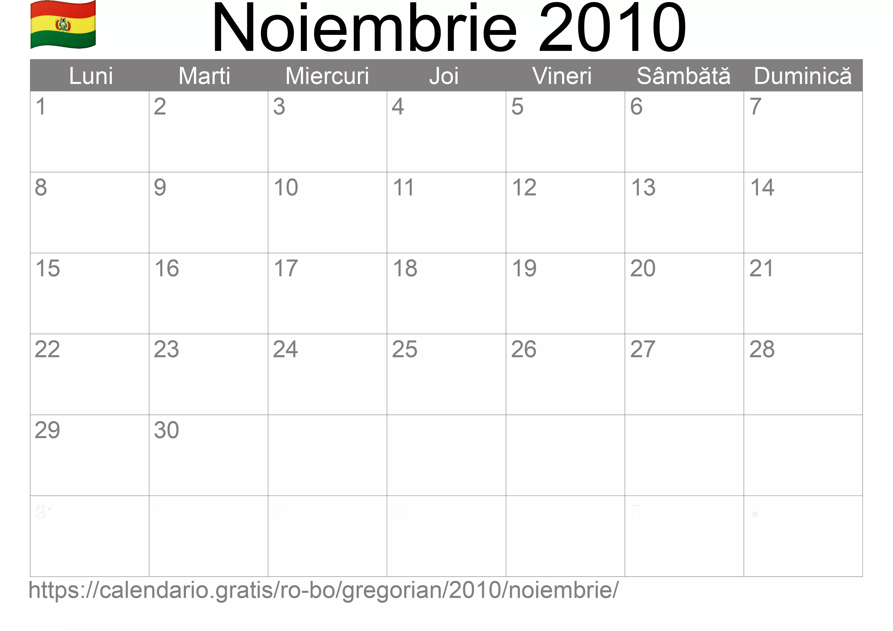Calendar Noiembrie 2010 pentru imprimare (Bolivia)
