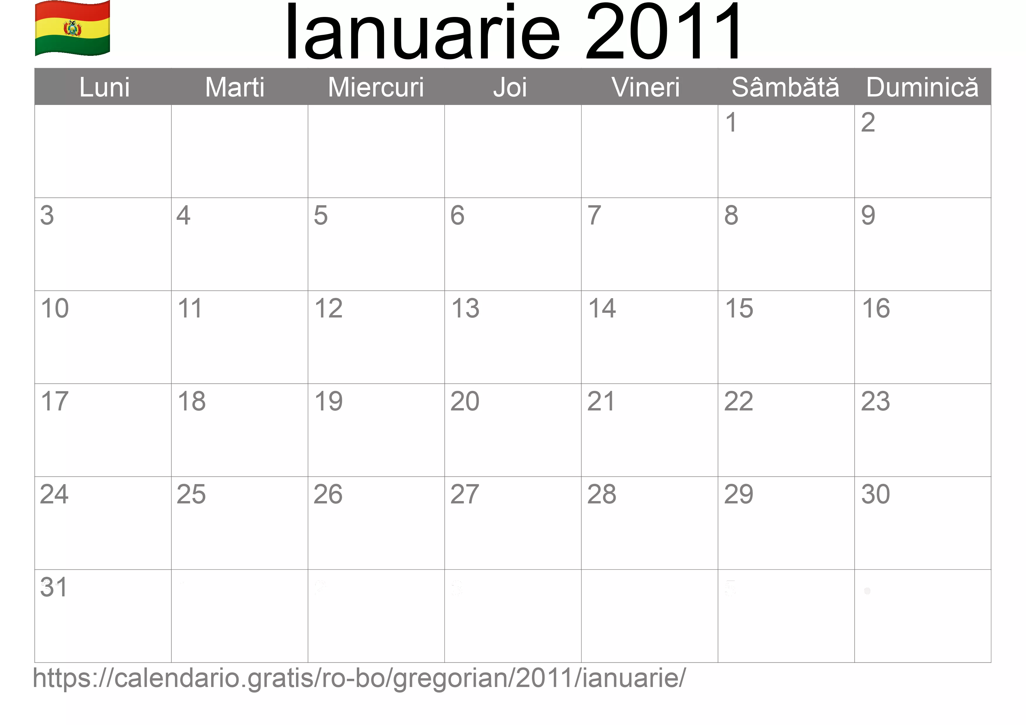 Calendar Ianuarie 2011 pentru imprimare (Bolivia)