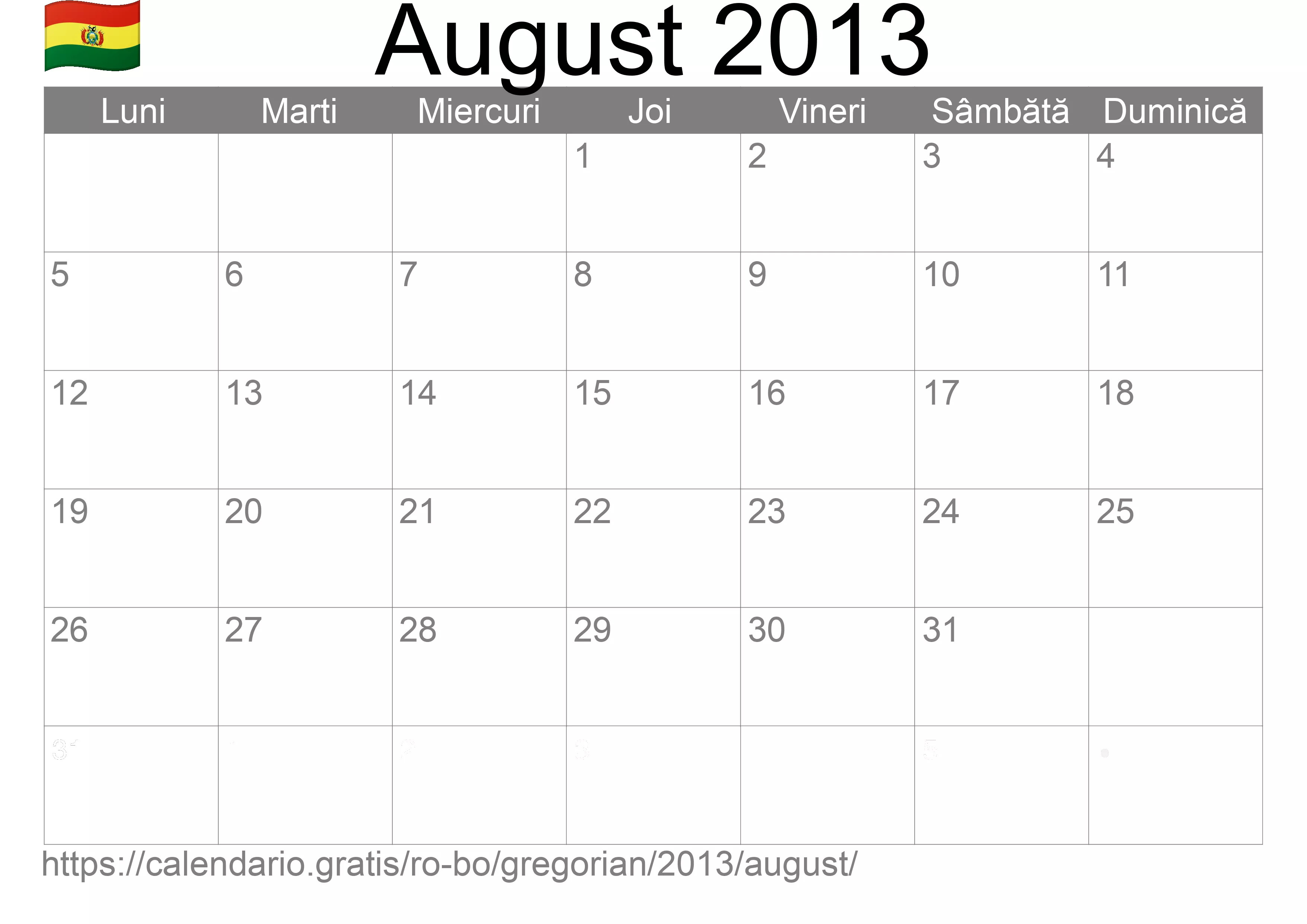 Calendar August 2013 pentru imprimare (Bolivia)