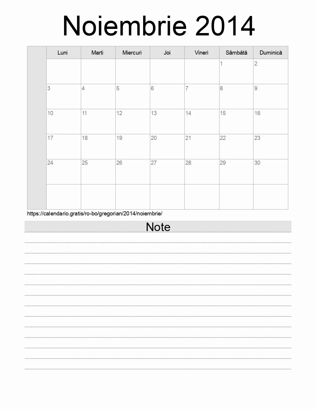 Calendar pentru Noiembrie 2014 de imprimat cu note. (Bolivia)