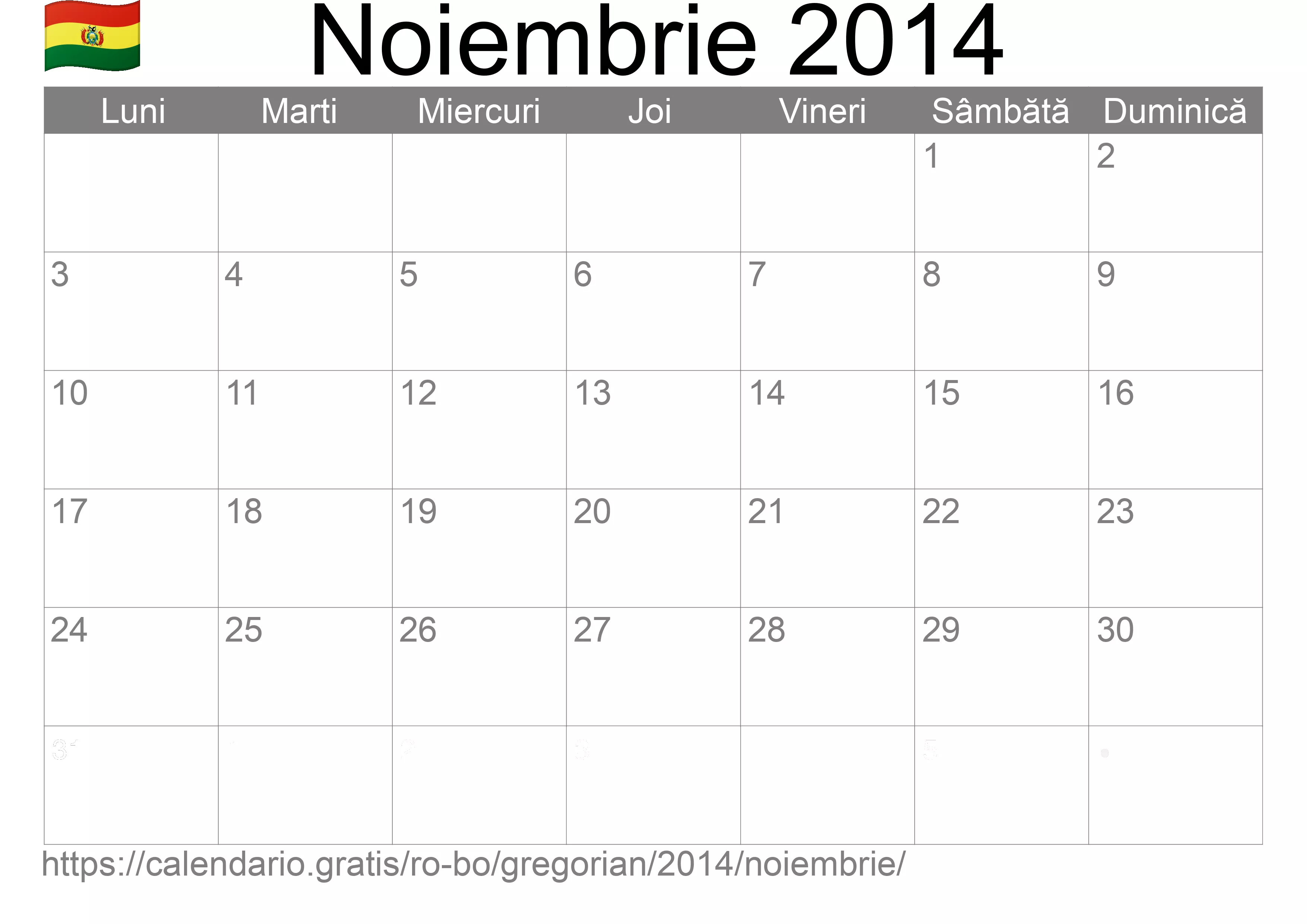 Calendar Noiembrie 2014 pentru imprimare (Bolivia)