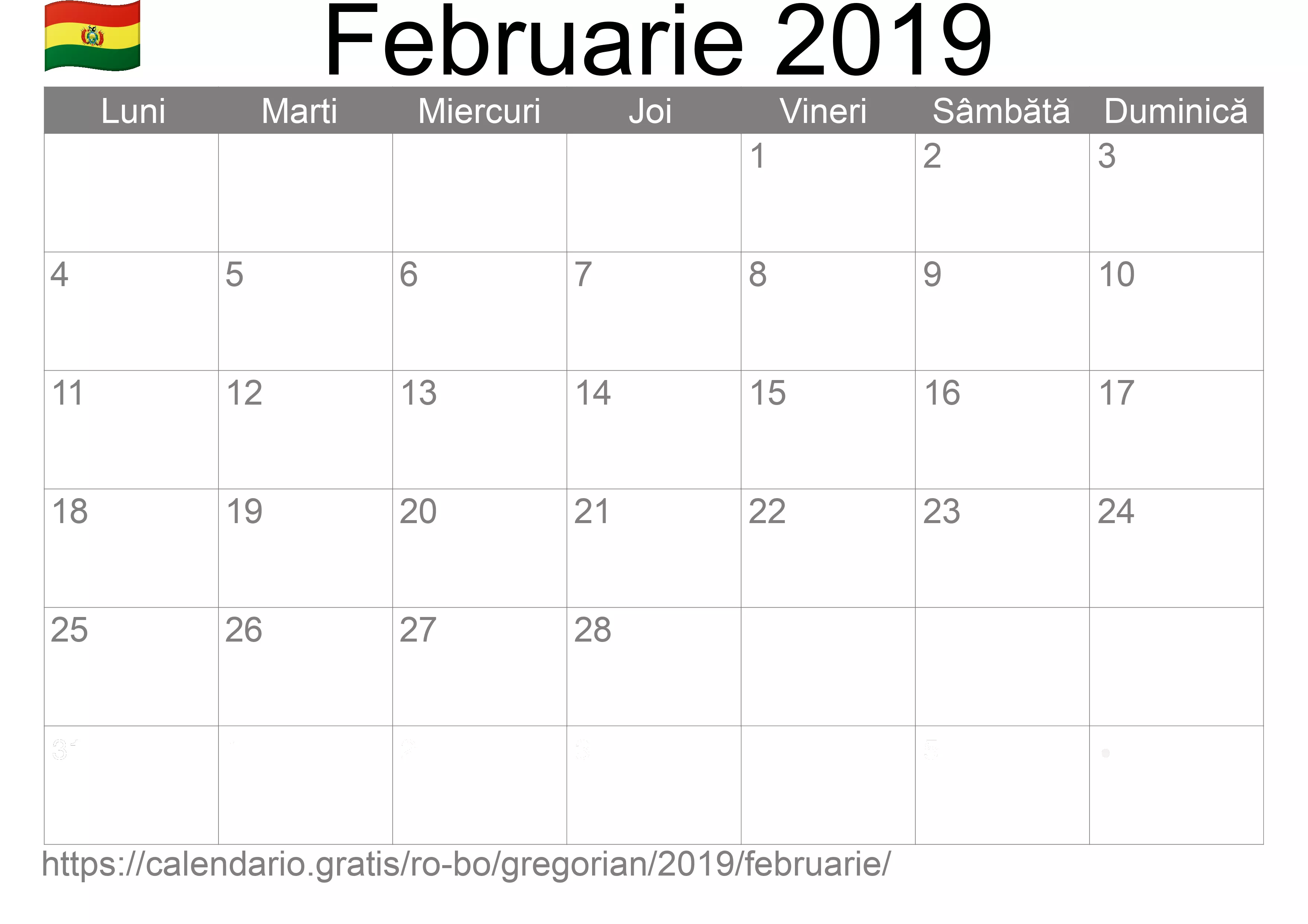 Calendar Februarie 2019 pentru imprimare (Bolivia) Calendar Februarie 2019 pentru imprimare (Bolivia)