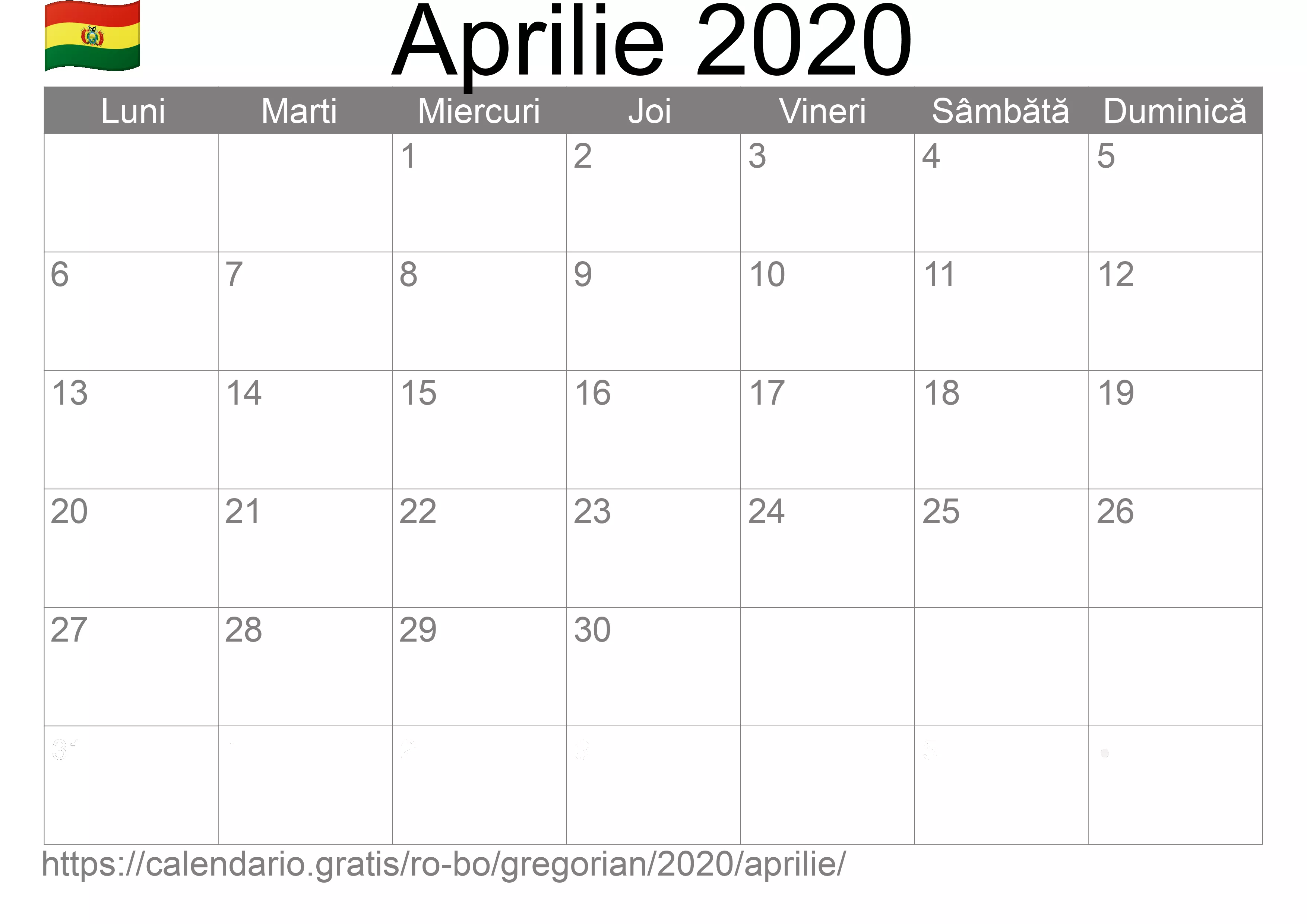 Calendar Aprilie 2020 pentru imprimare (Bolivia)