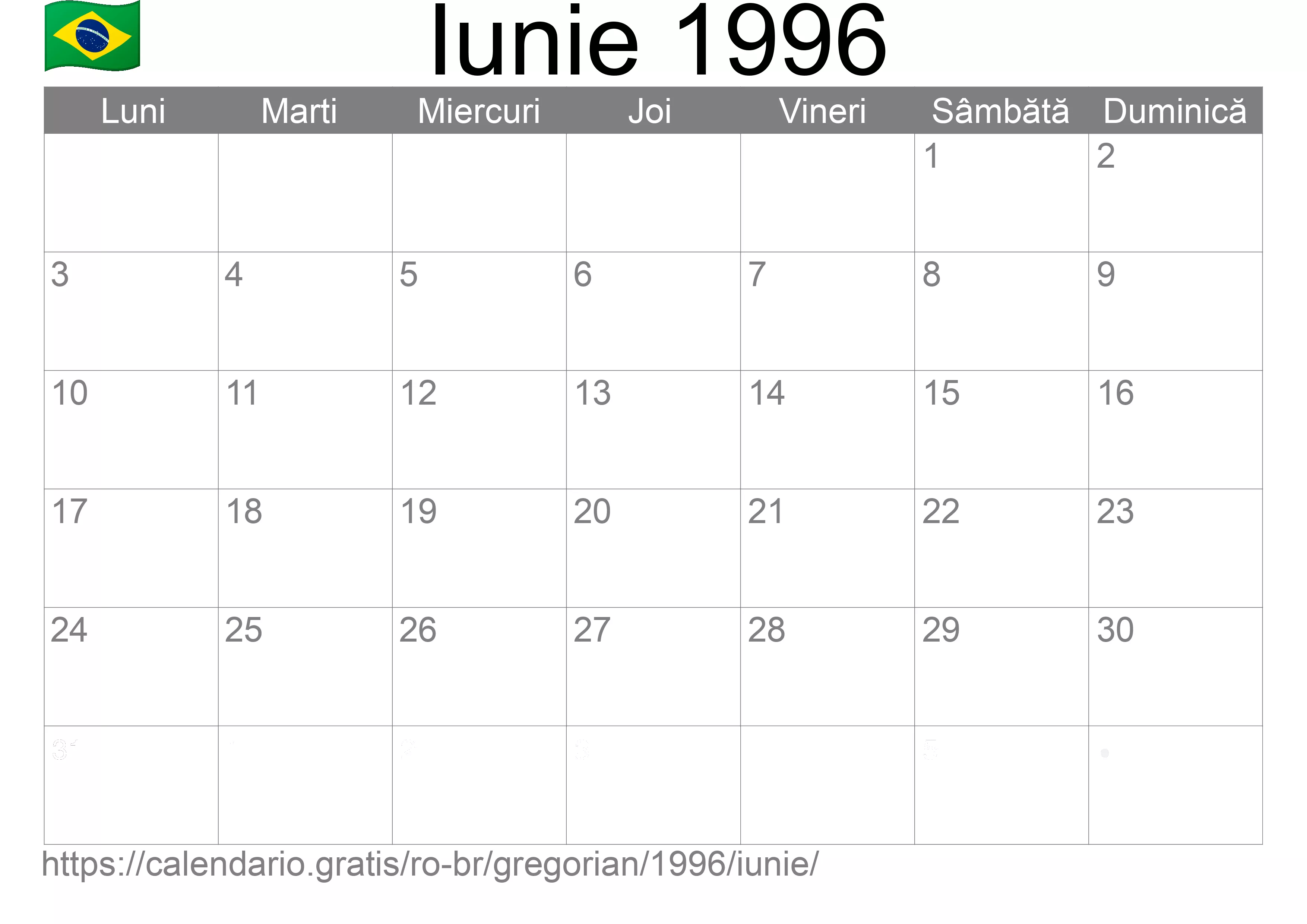 Calendar Iunie 1996 pentru imprimare (Brazilia)