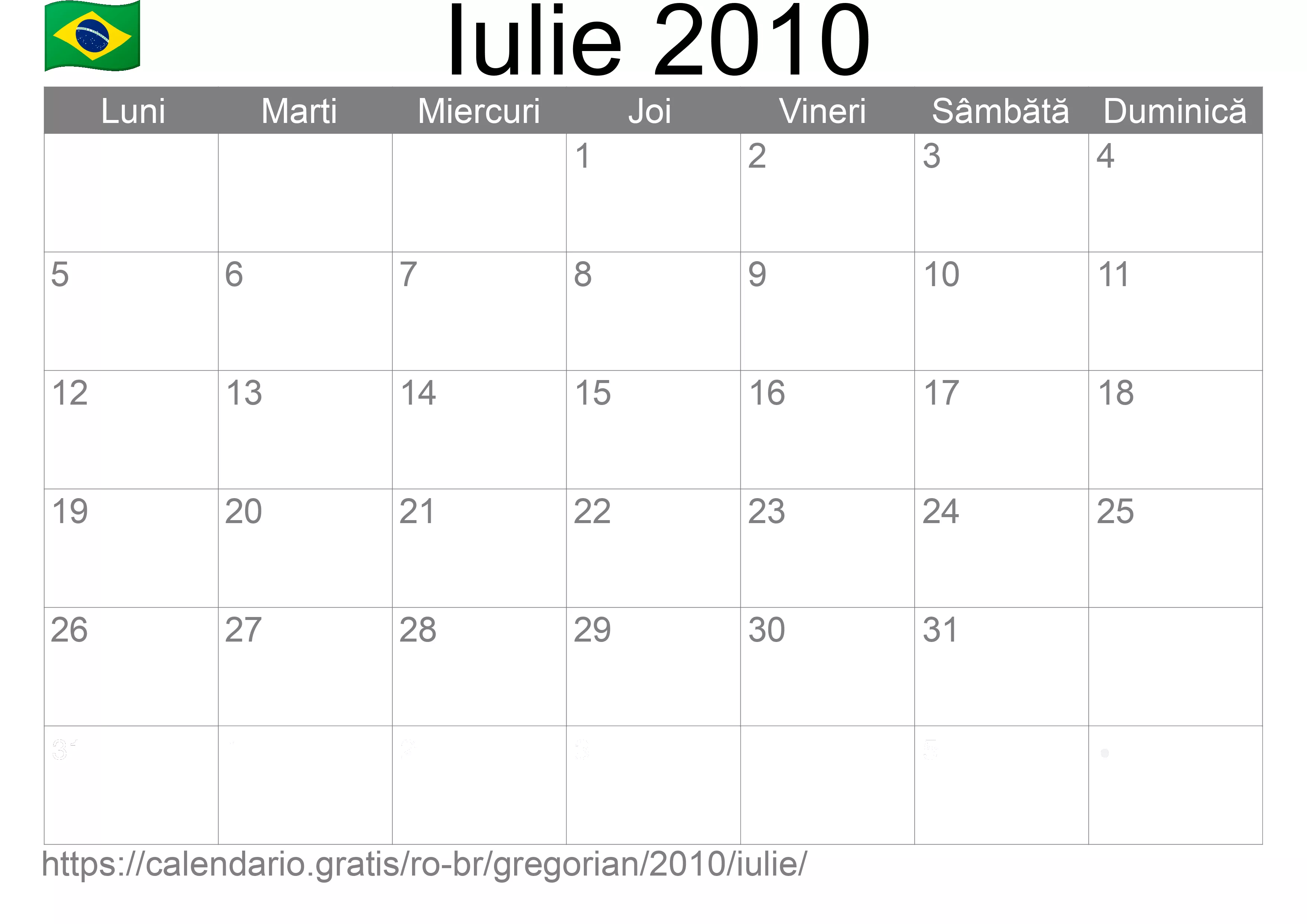 Calendar Iulie 2010 pentru imprimare (Brazilia)