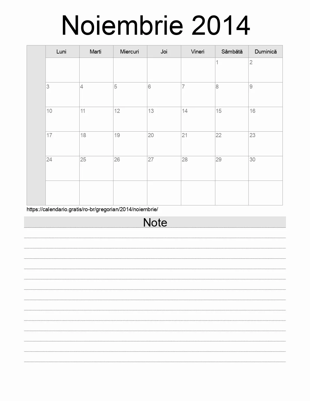 Calendar pentru Noiembrie 2014 de imprimat cu note. (Brazilia)