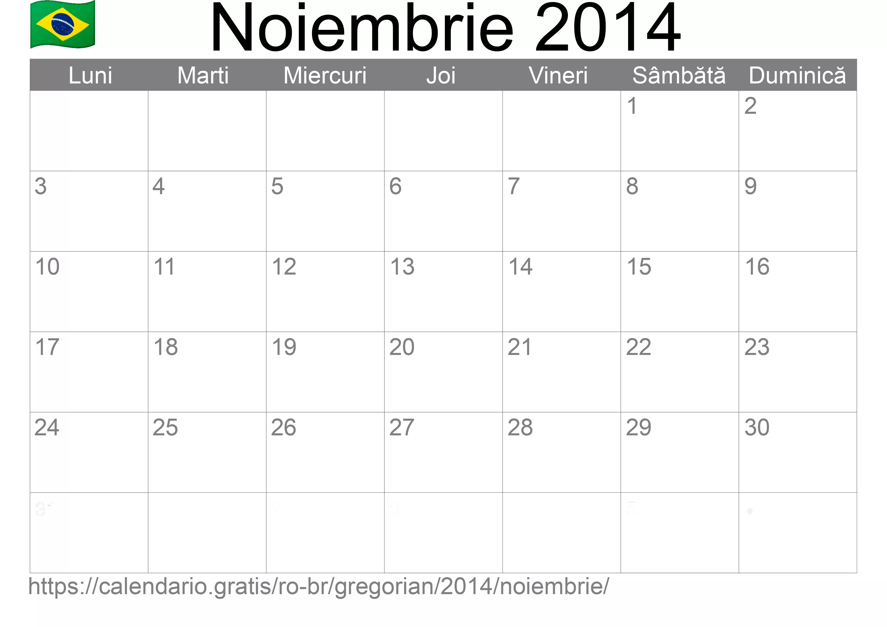 Calendar Noiembrie 2014 pentru imprimare (Brazilia)