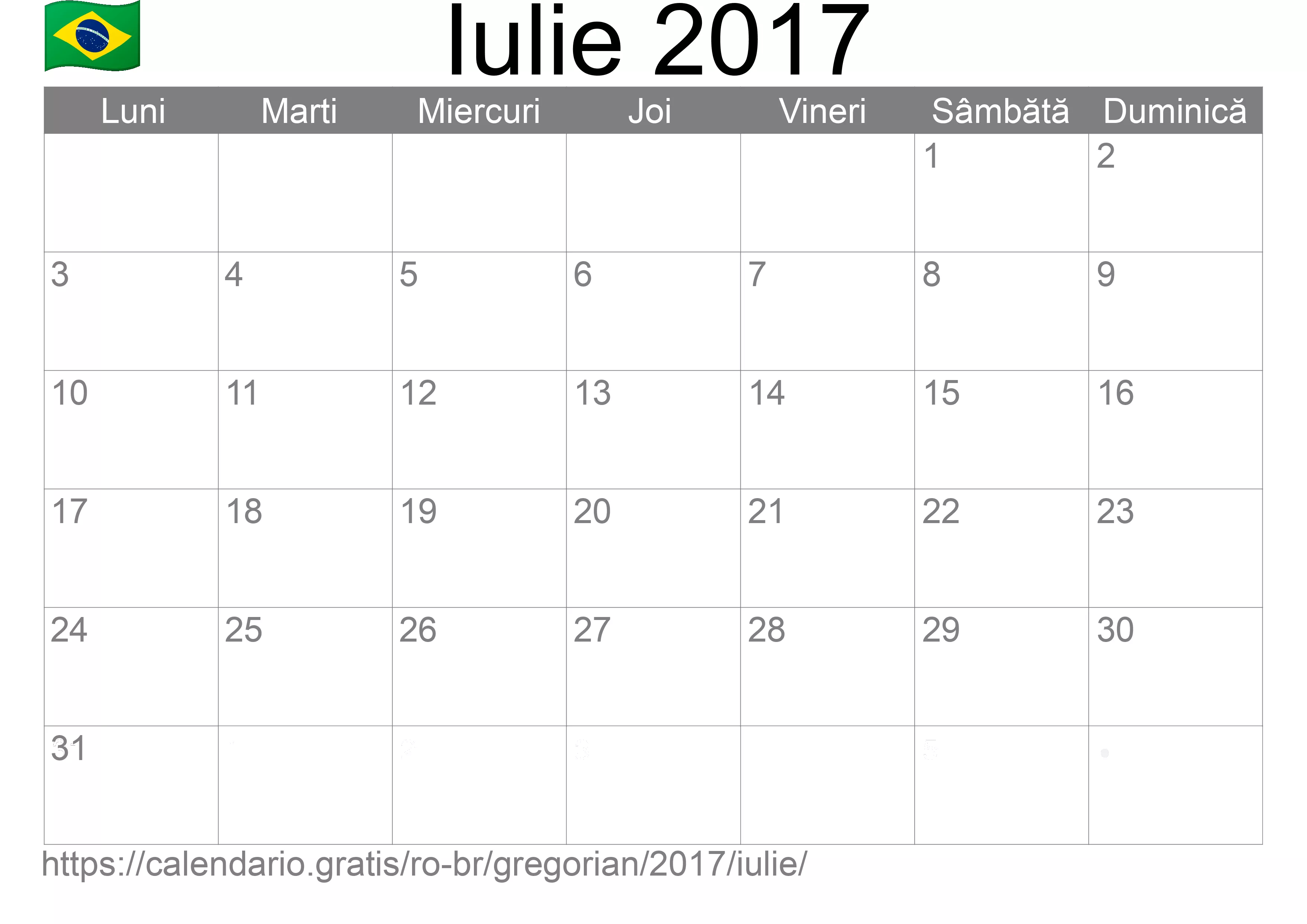 Calendar Iulie 2017 pentru imprimare (Brazilia)