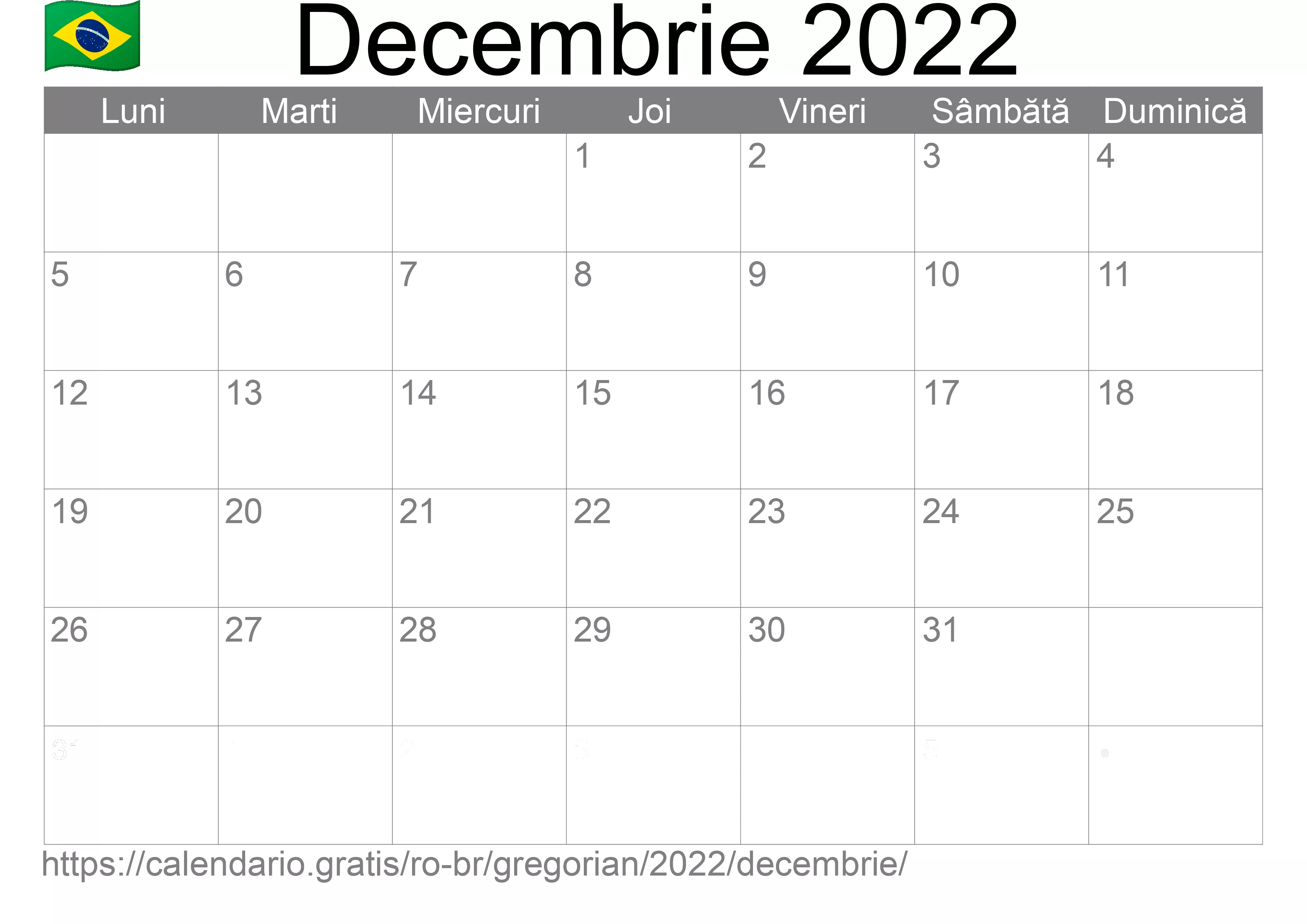 Calendar Decembrie 2022 pentru imprimare (Brazilia)