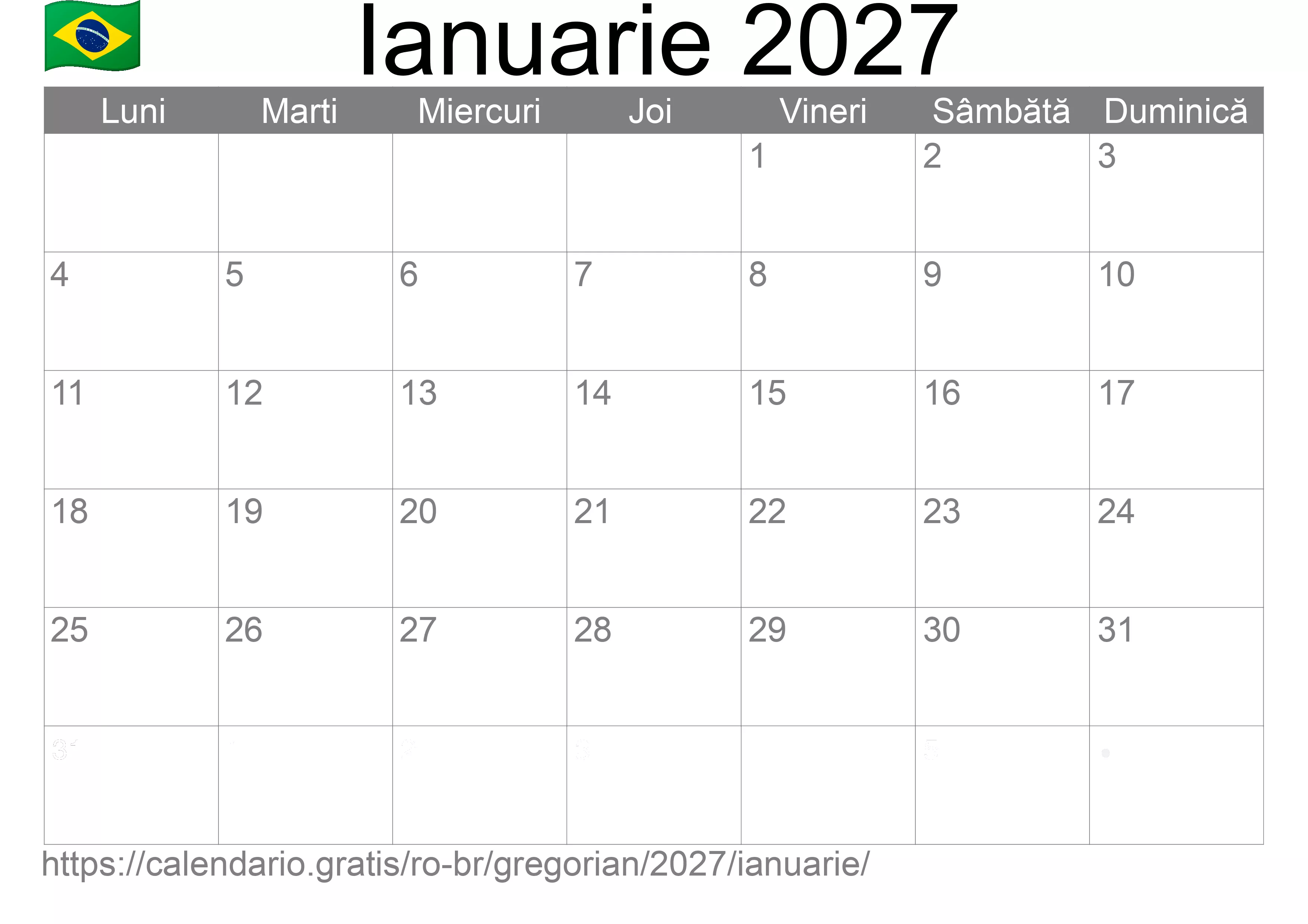 Calendar Ianuarie 2027 pentru imprimare (Brazilia)