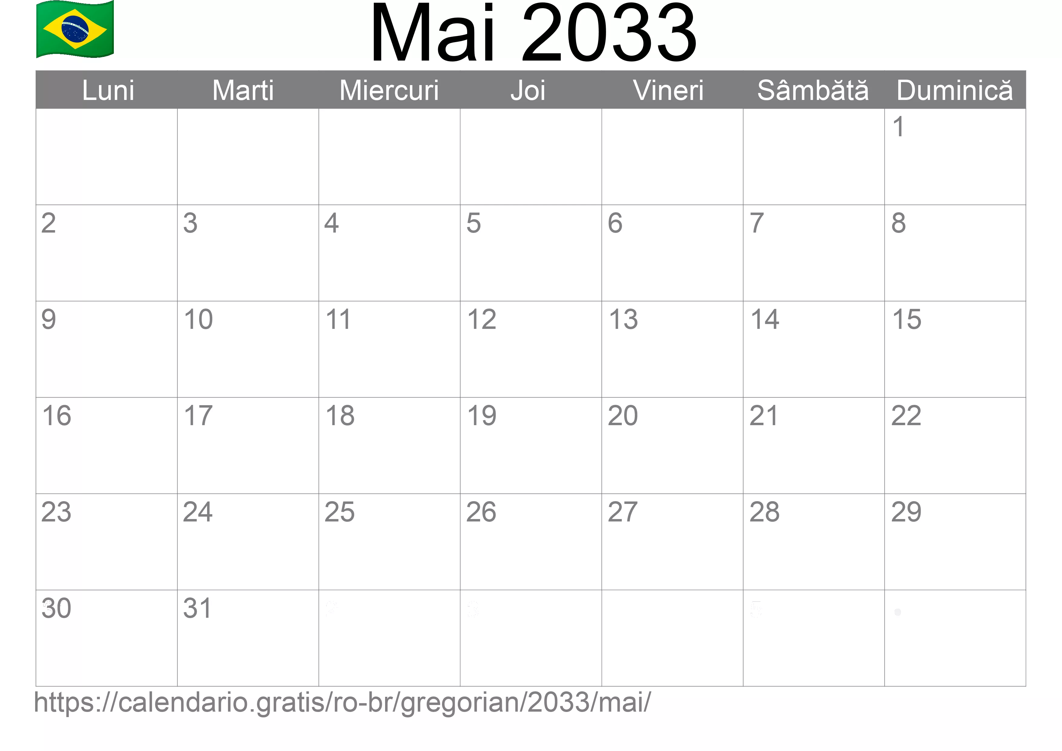 Calendar Mai 2033 pentru imprimare (Brazilia)