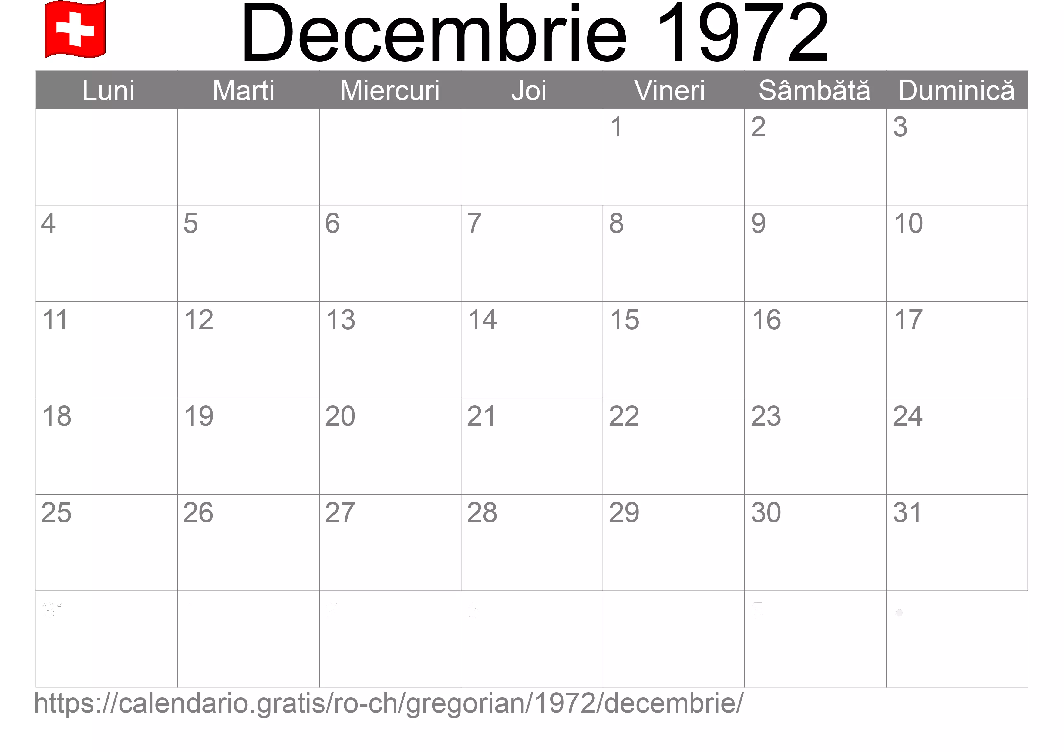 Calendar Decembrie 1972 pentru imprimare (Elveția) Calendar Decembrie 1972 pentru imprimare (Elveția)