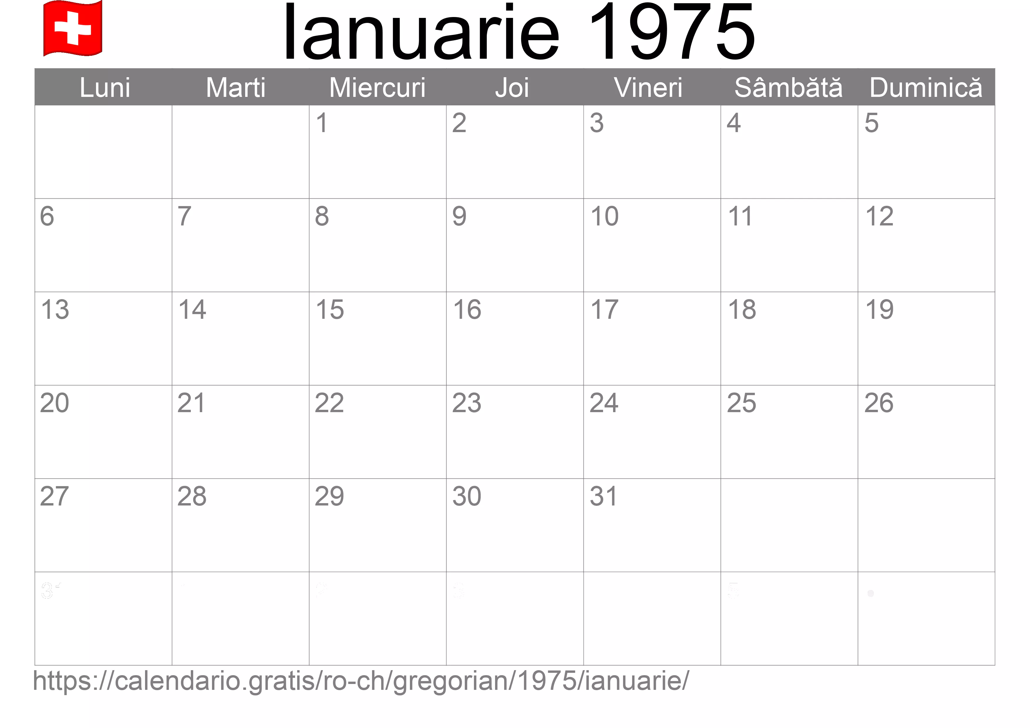Calendar Ianuarie 1975 pentru imprimare (Elveția)