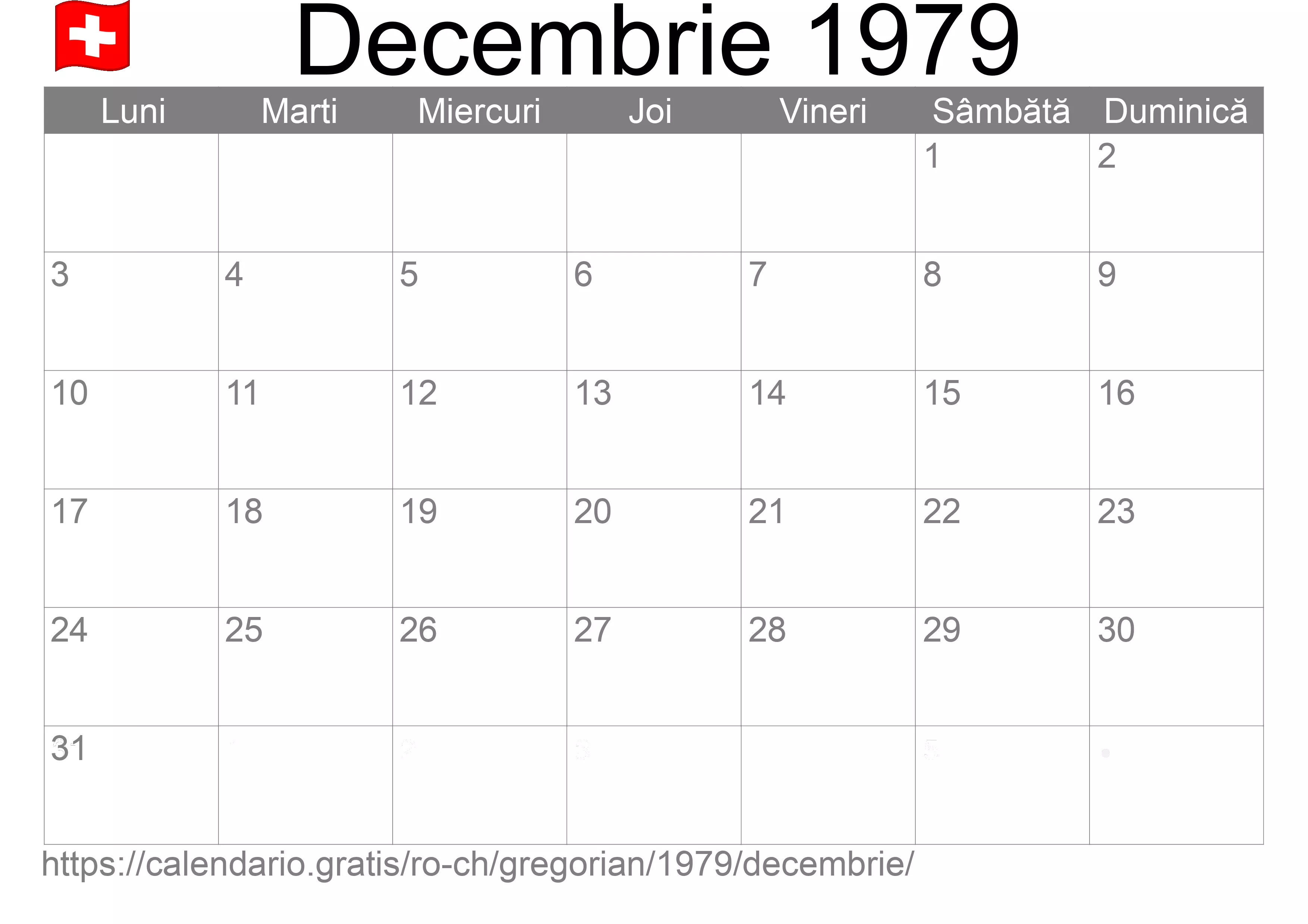 Calendar Decembrie 1979 pentru imprimare (Elveția) Calendar Decembrie 1979 pentru imprimare (Elveția)