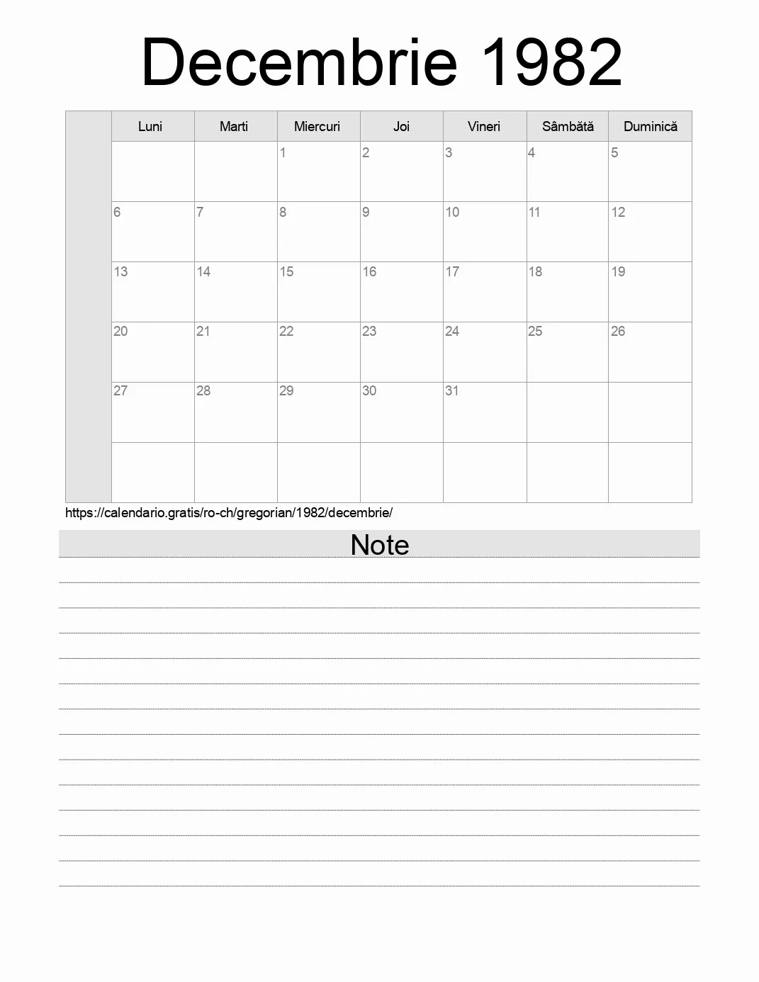 Calendar pentru Decembrie 1982 de imprimat cu note. (Elveția)