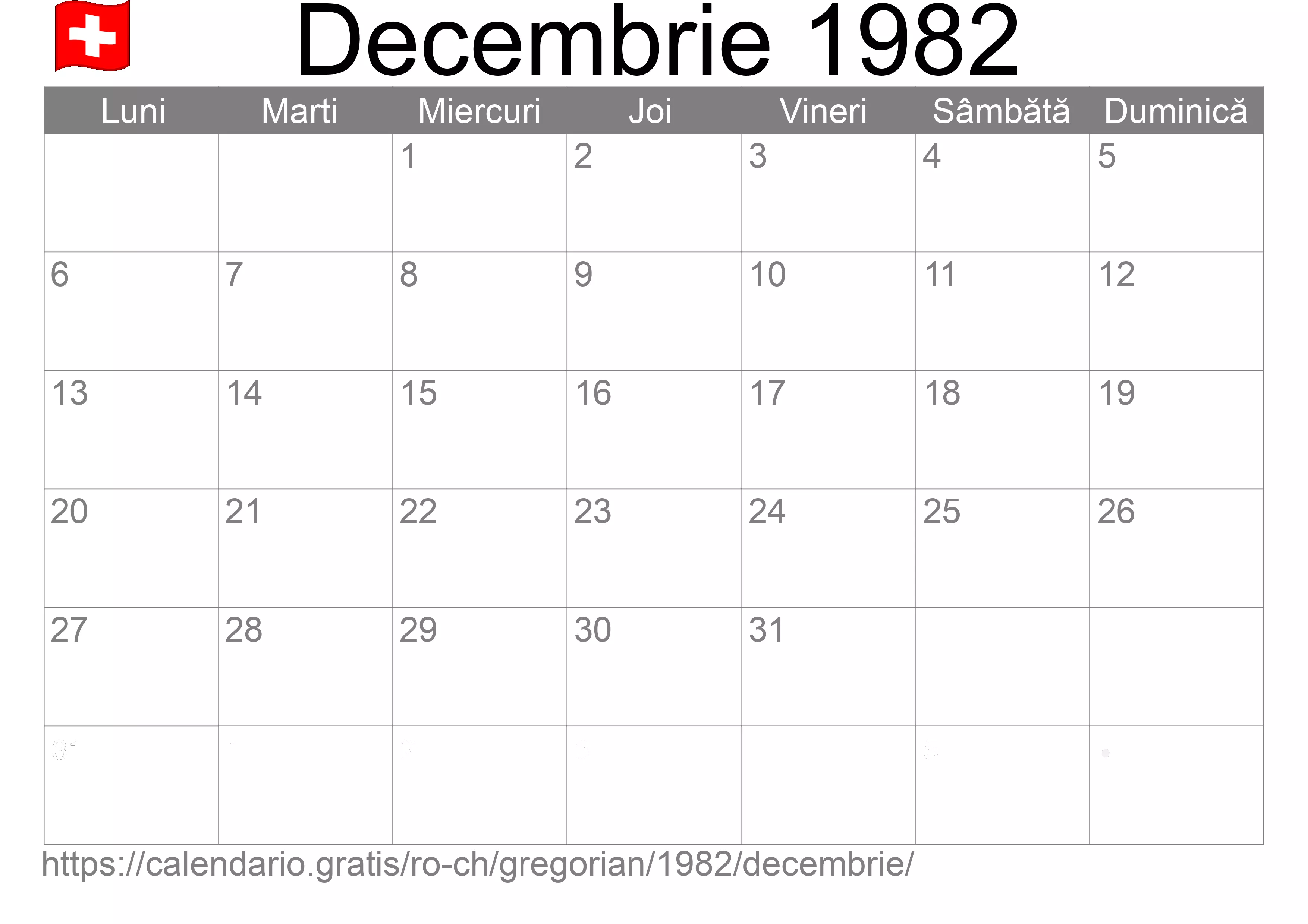 Calendar Decembrie 1982 pentru imprimare (Elveția)