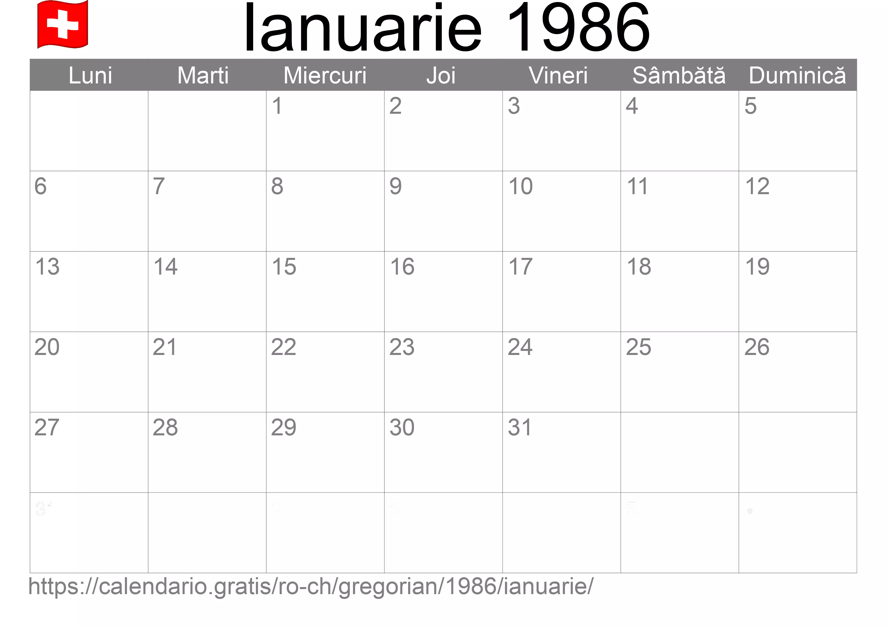 Calendar Ianuarie 1986 pentru imprimare (Elveția)