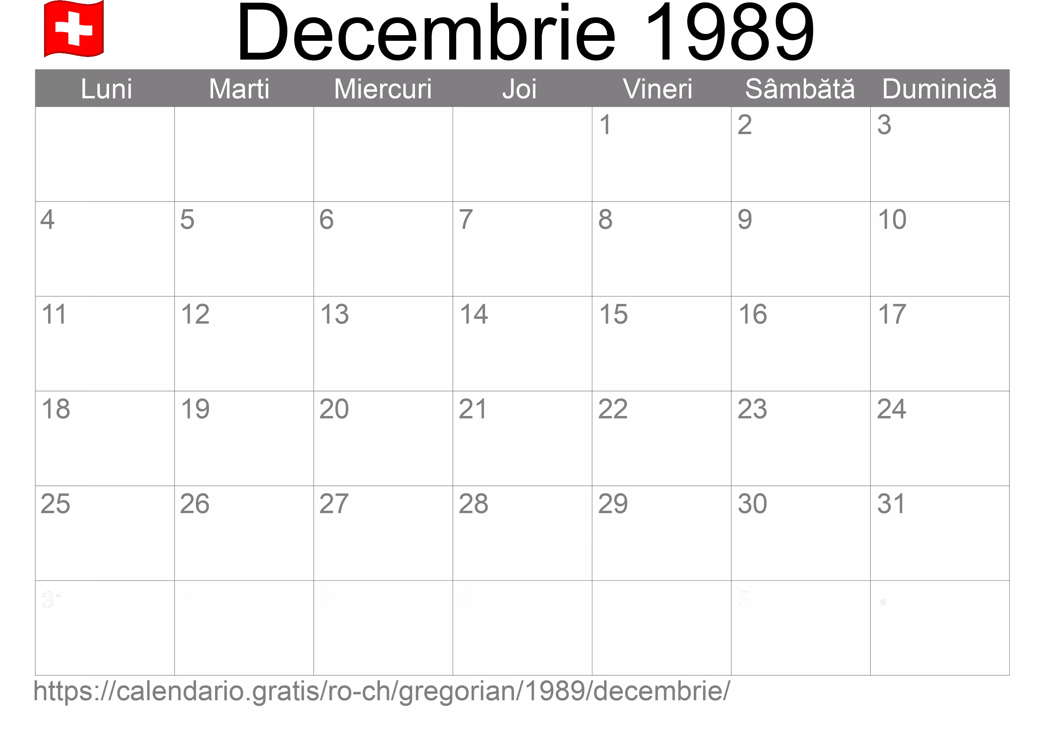 Calendar Decembrie 1989 pentru imprimare (Elveția) Calendar Decembrie 1989 pentru imprimare (Elveția)