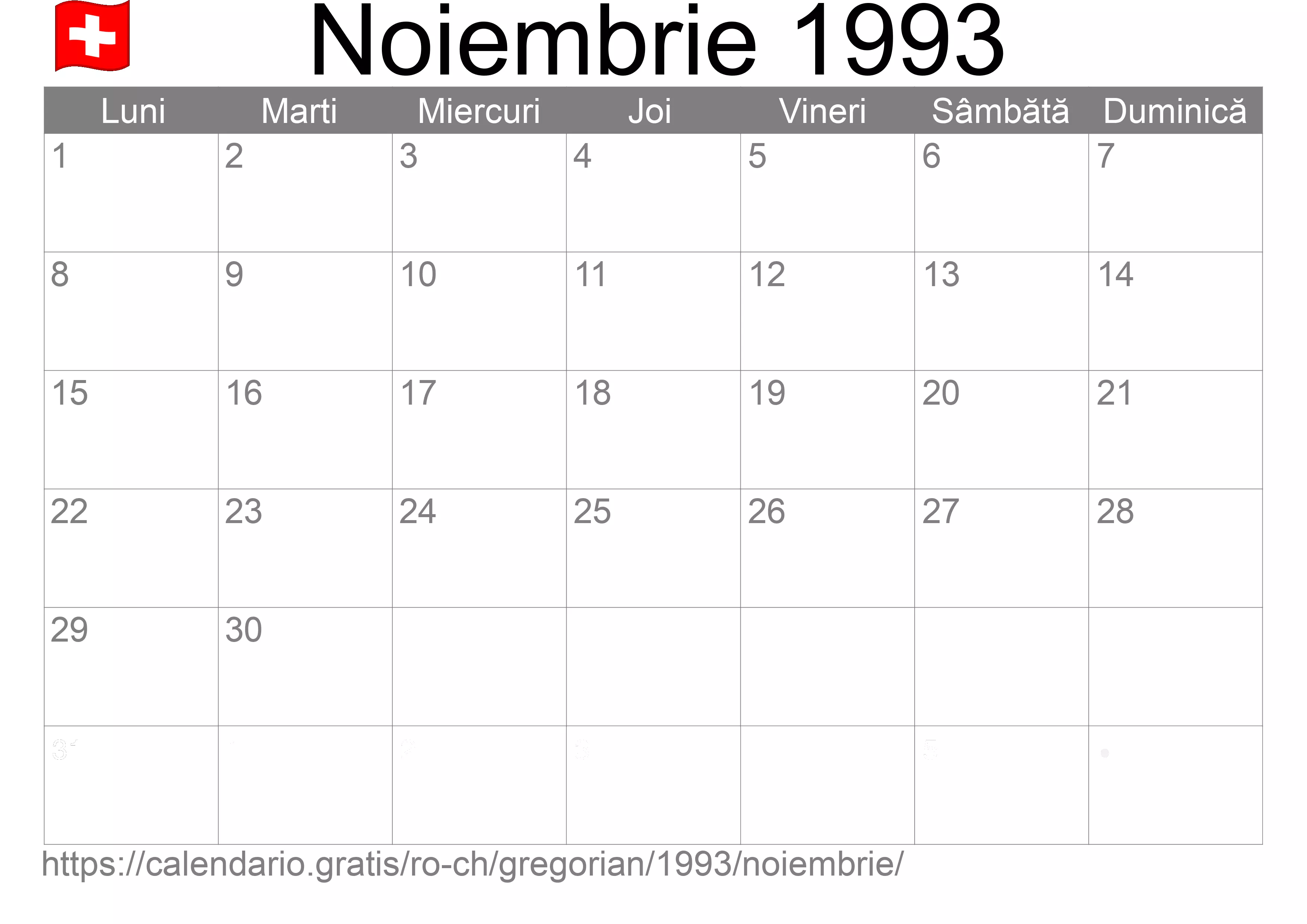Calendar Noiembrie 1993 pentru imprimare (Elveția)