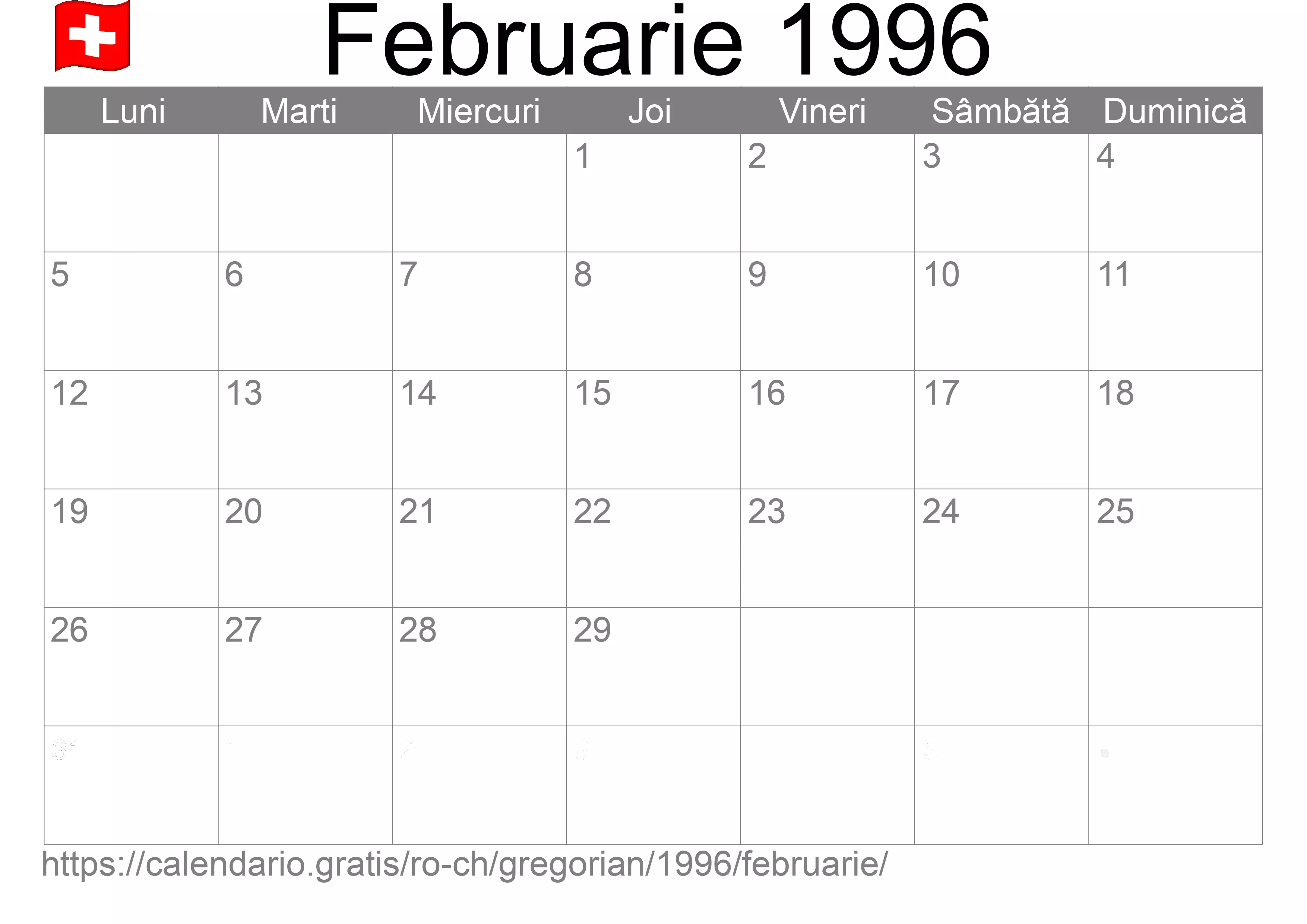 Calendar Februarie 1996 pentru imprimare (Elveția) Calendar Februarie 1996 pentru imprimare (Elveția)