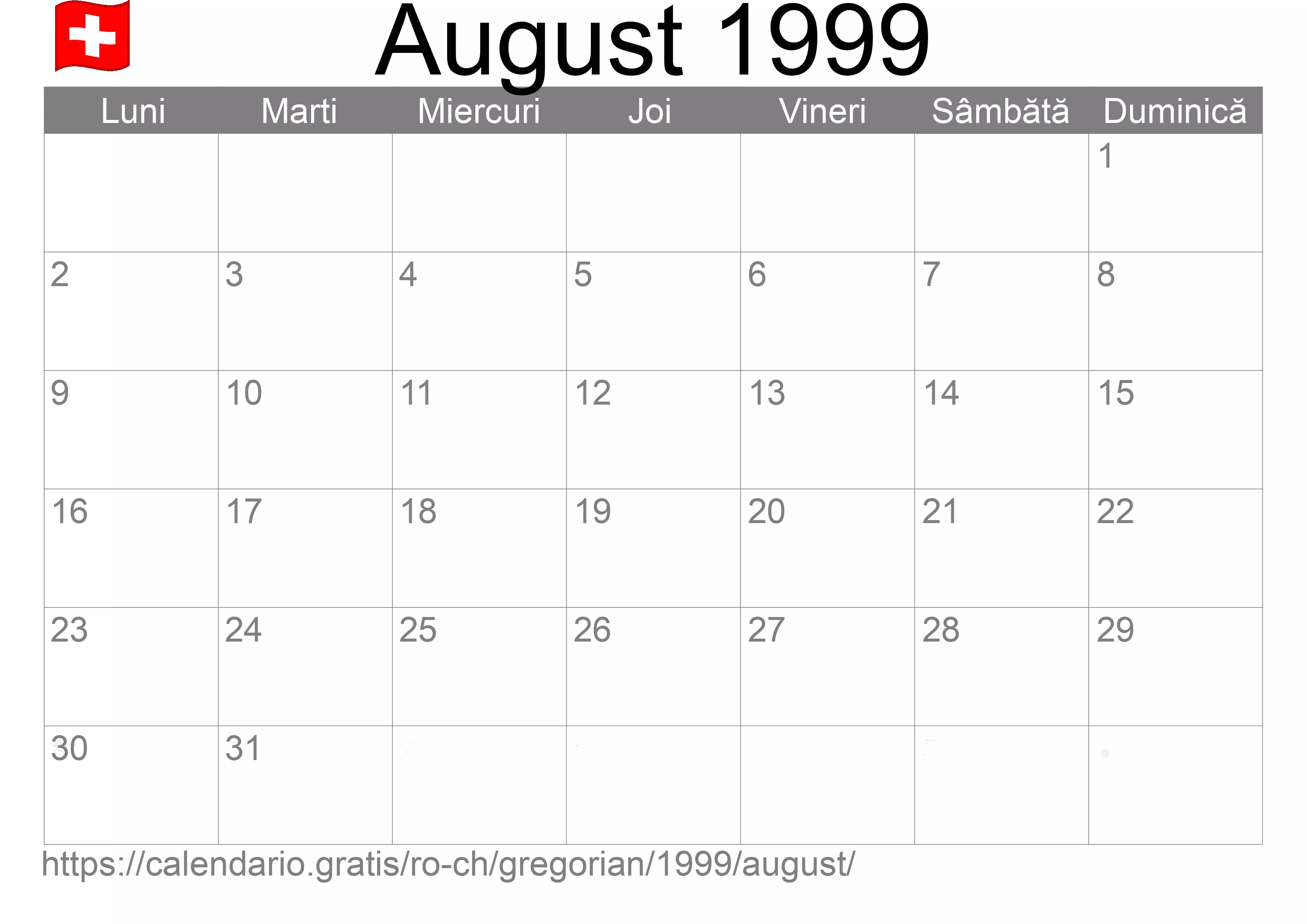 Calendar August 1999 pentru imprimare (Elveția) Calendar August 1999 pentru imprimare (Elveția)