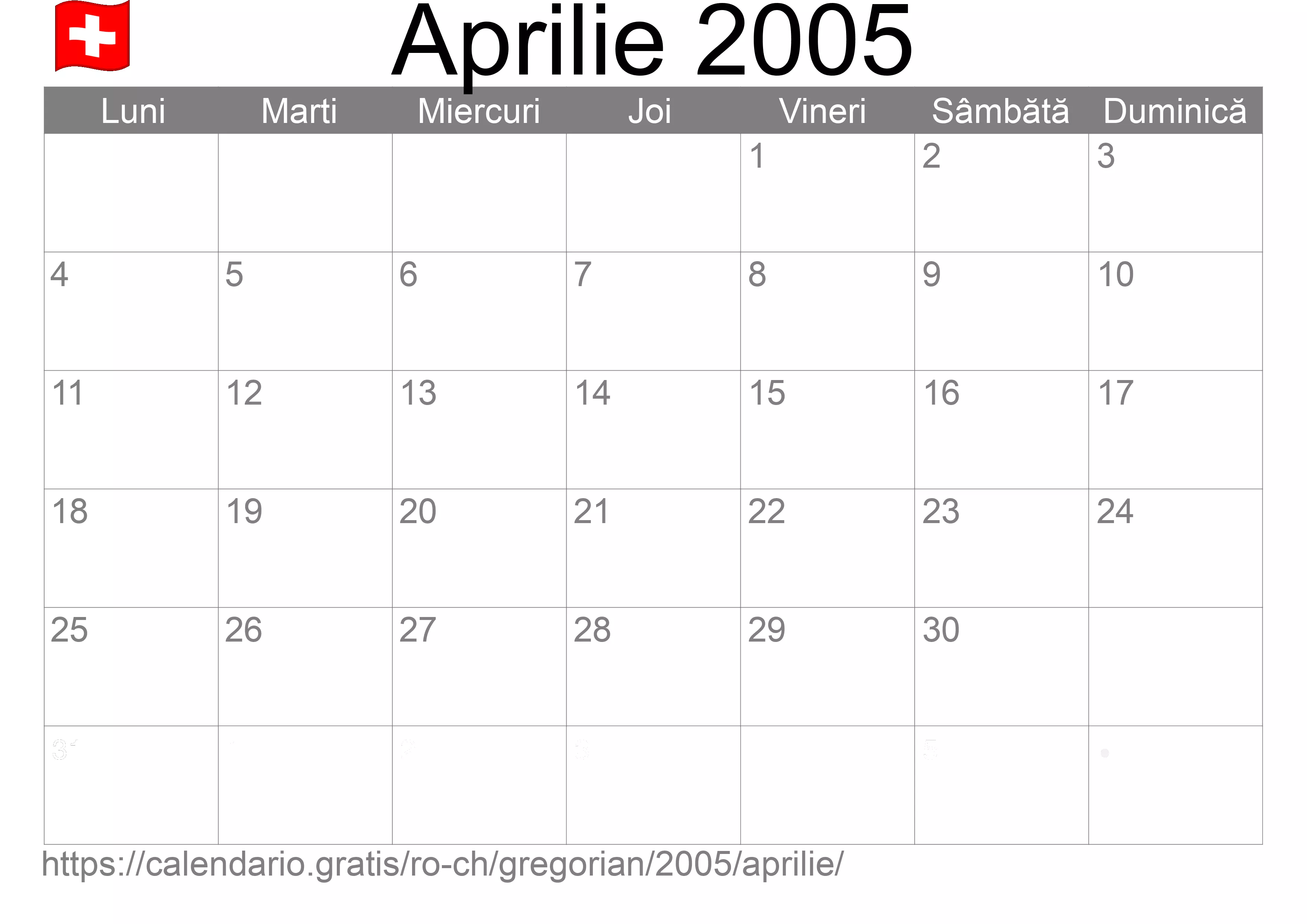 Calendar Aprilie 2005 pentru imprimare (Elveția)