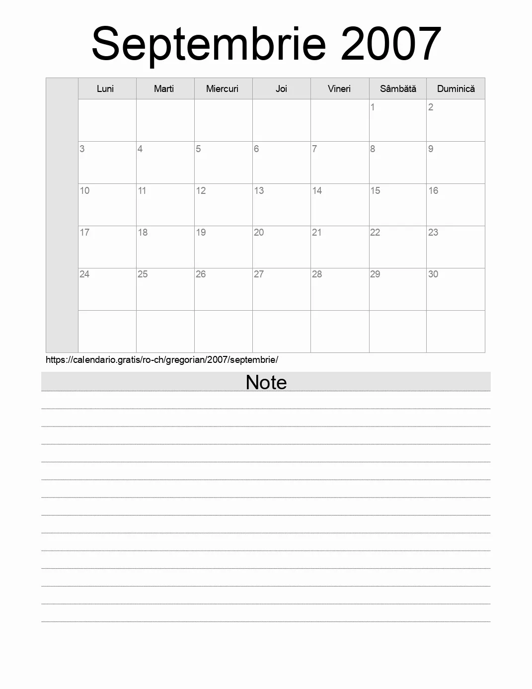 Calendar pentru Septembrie 2007 de imprimat cu note. (Elveția)