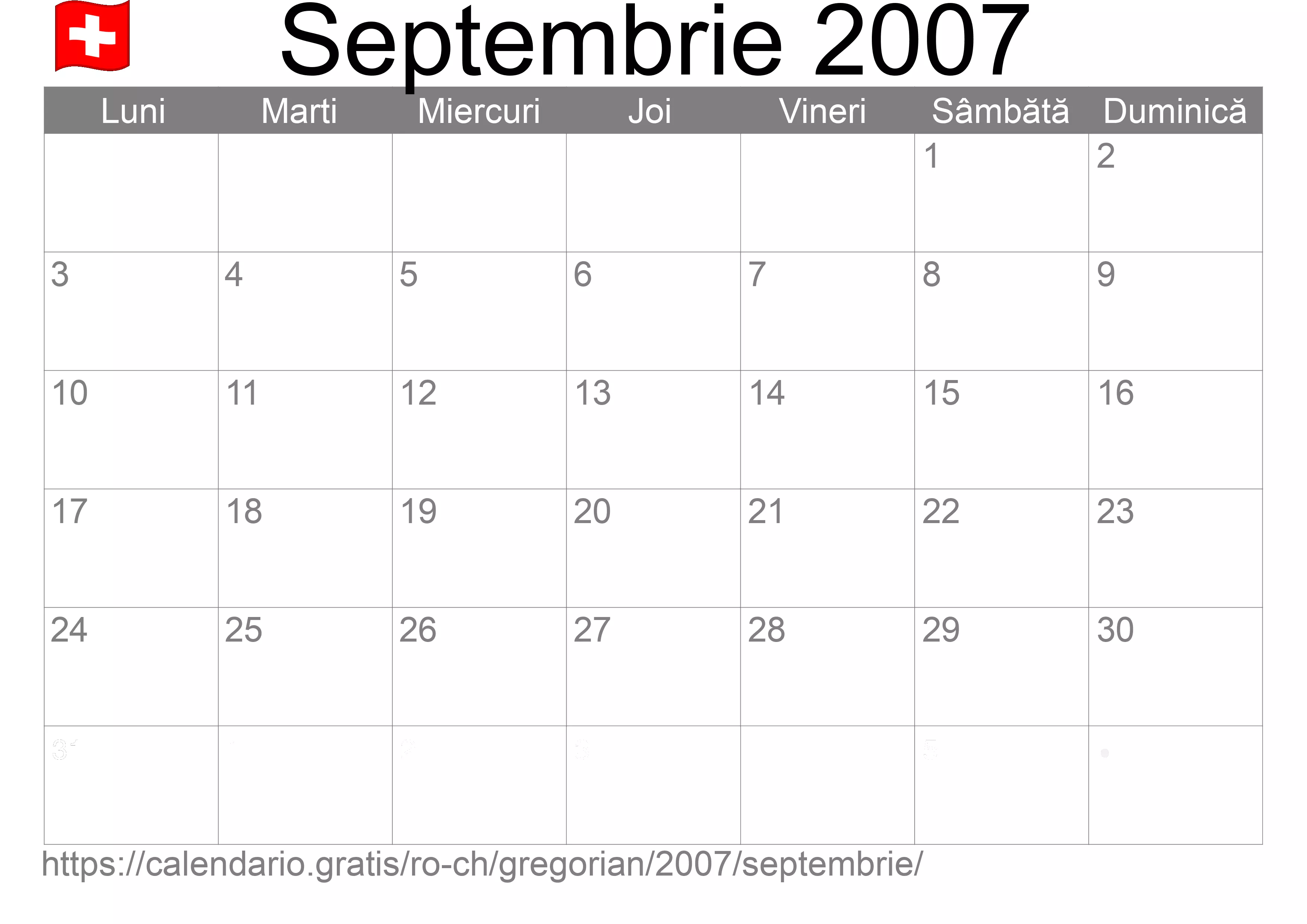 Calendar Septembrie 2007 pentru imprimare (Elveția)