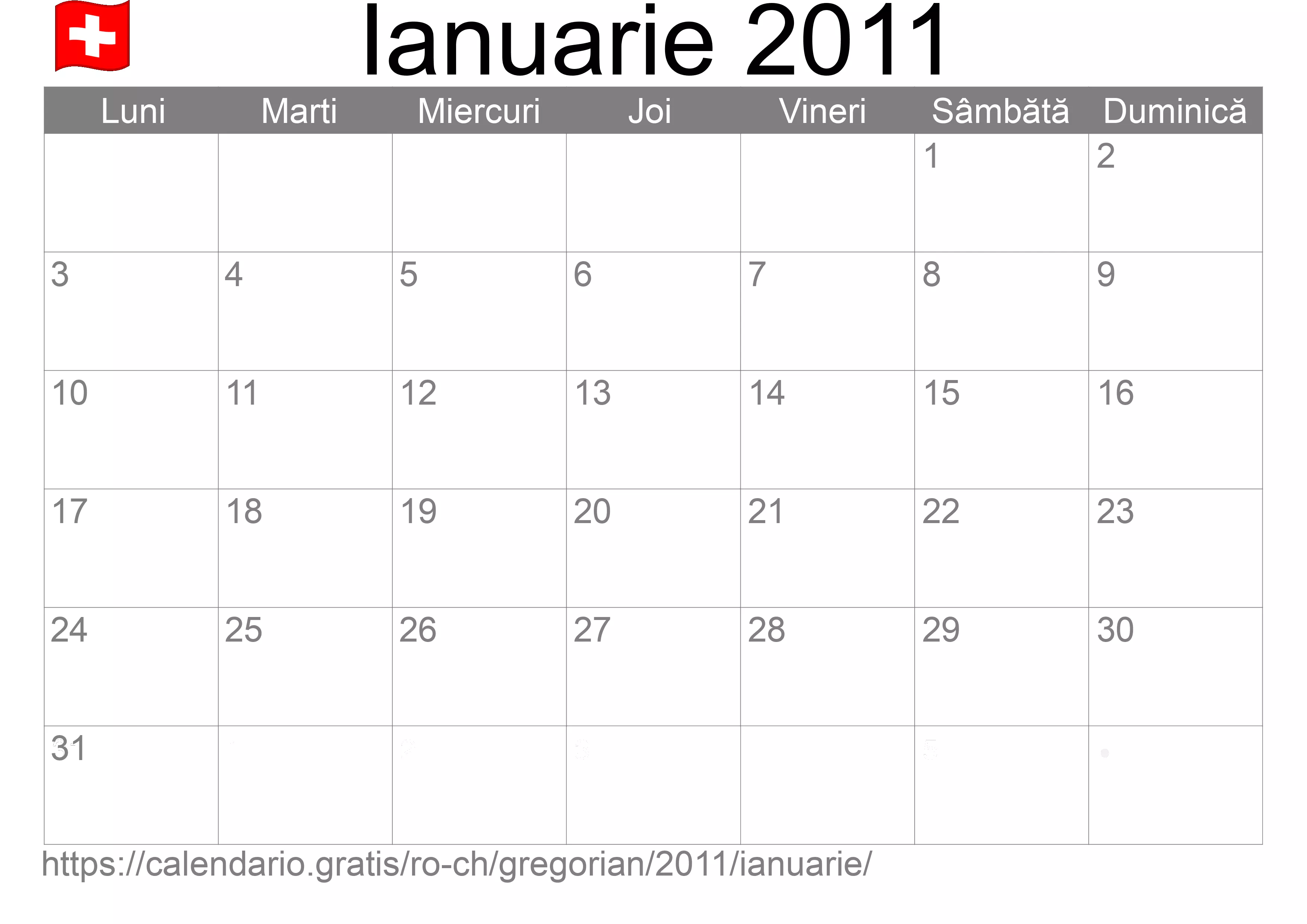 Calendar Ianuarie 2011 pentru imprimare (Elveția)