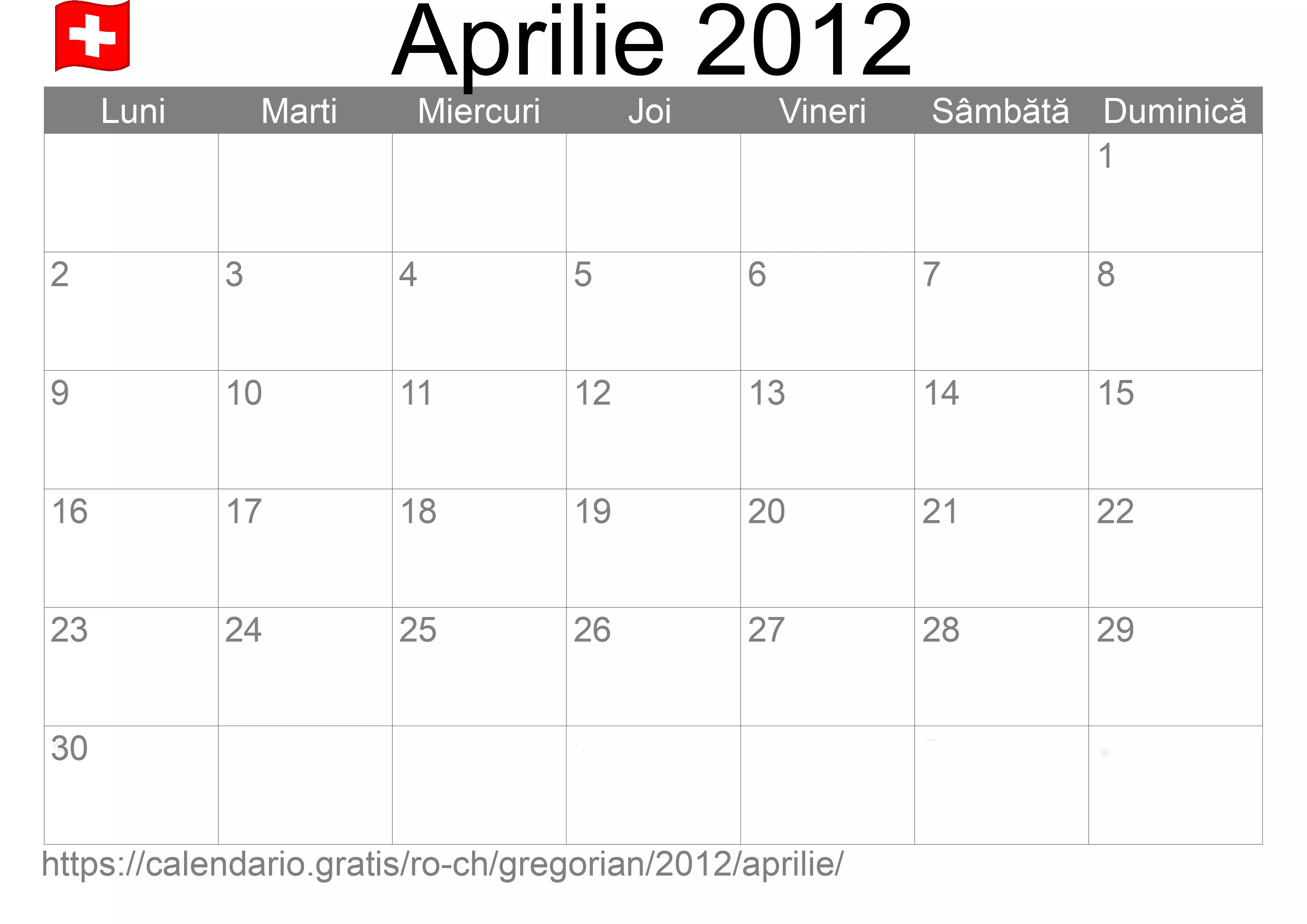 Calendar Aprilie 2012 pentru imprimare (Elveția)